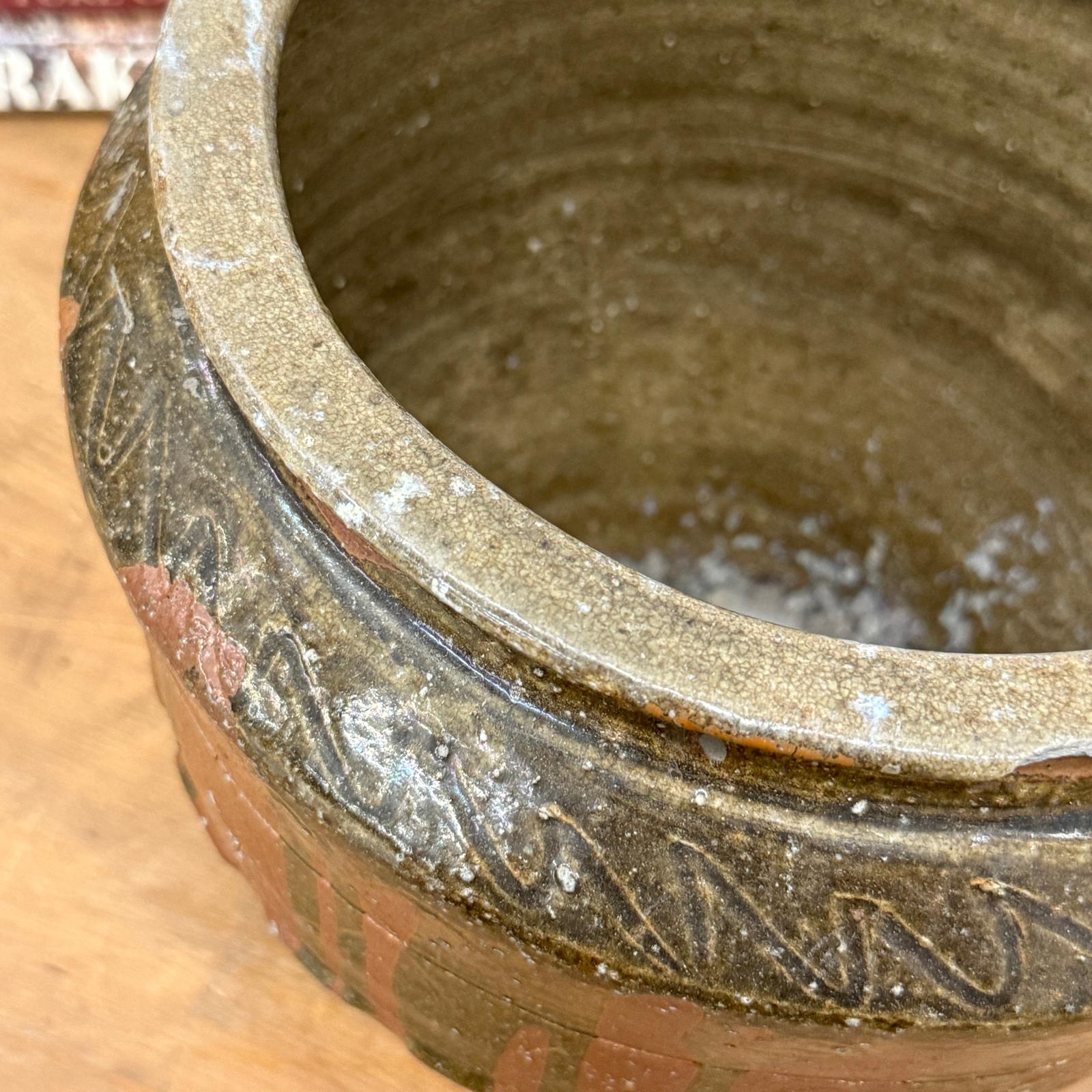 Rustic Brown Pottery Planter Jar with Pattern and Drip Glaze - FEA Home