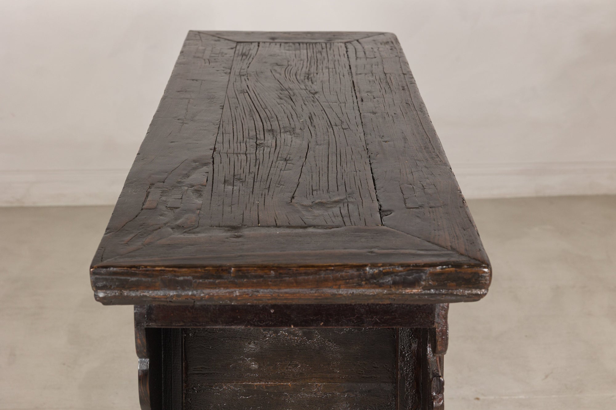 Top view of cabinet showing aged wood grain