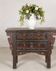 Rustic Qing dynasty carved cabinet styled with a vase