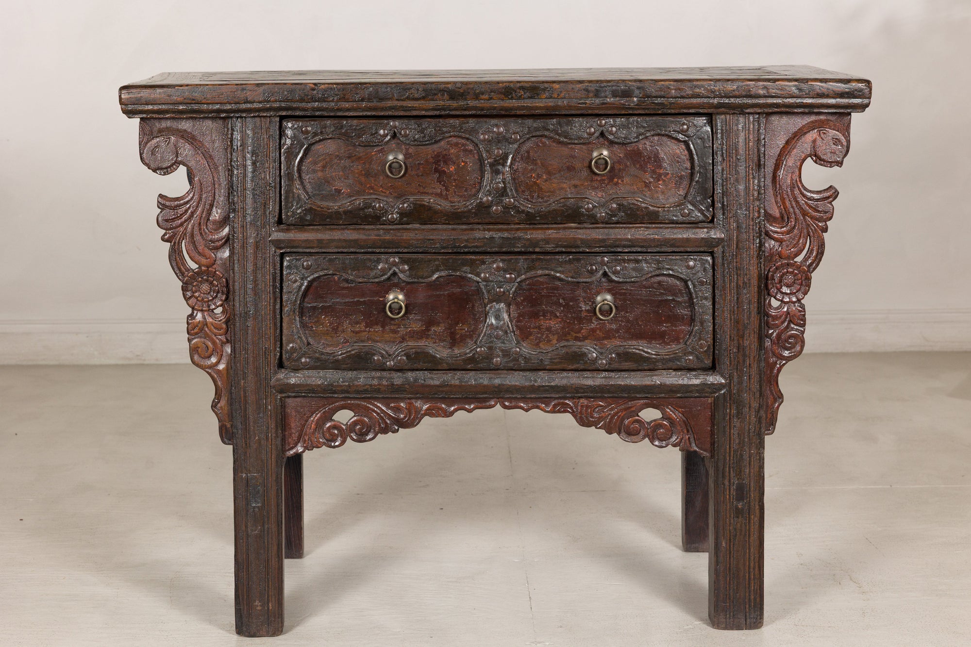 Rustic Chinese carved cabinet, full front view