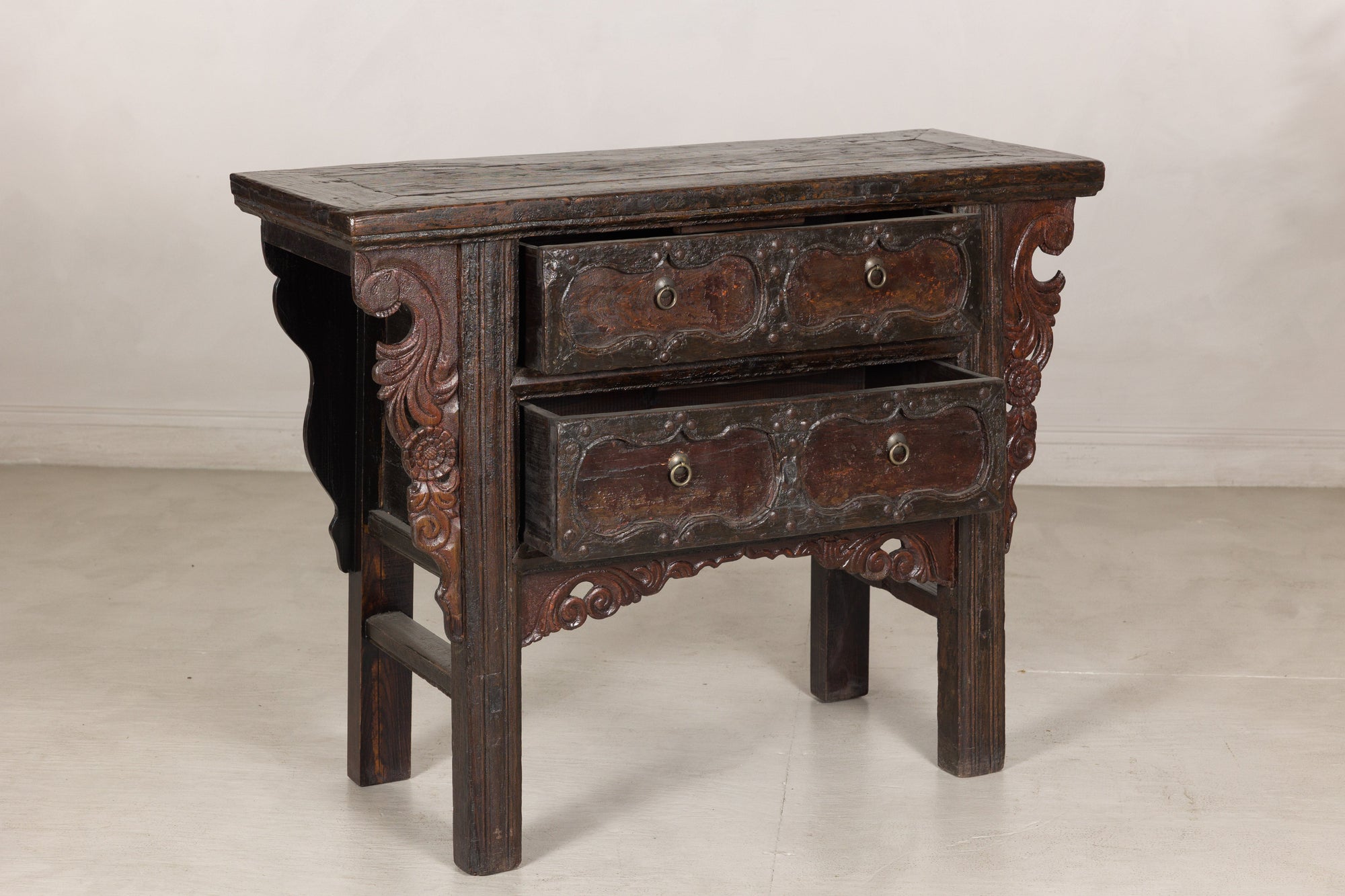 Rustic Chinese cabinet, three-quarter left view