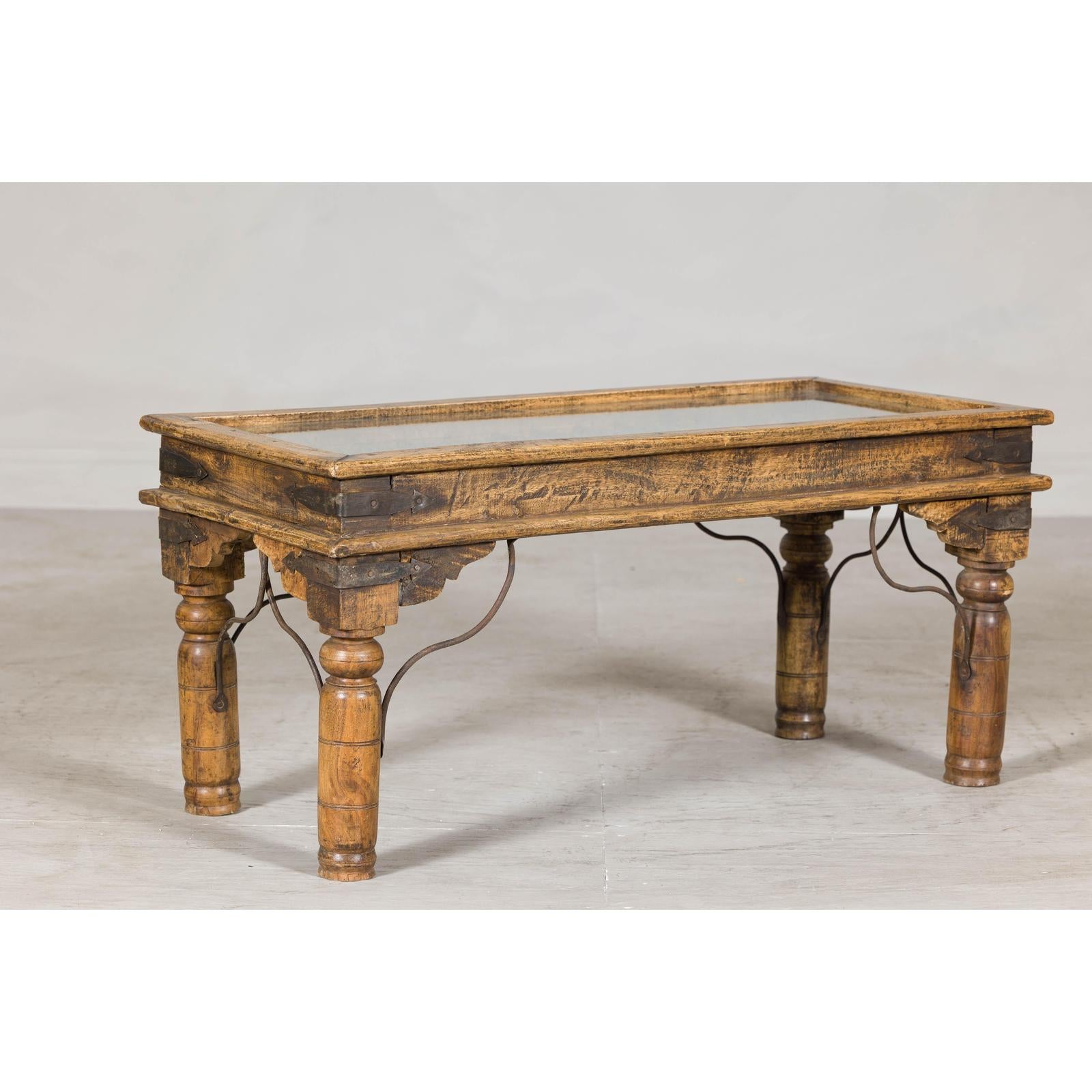 Rustic Coffee Table with Antique Ironwork and Custom Glass - Vintage-10. Asian &amp; Chinese Furniture, Art, Antiques, Vintage Home Décor for sale at FEA Home