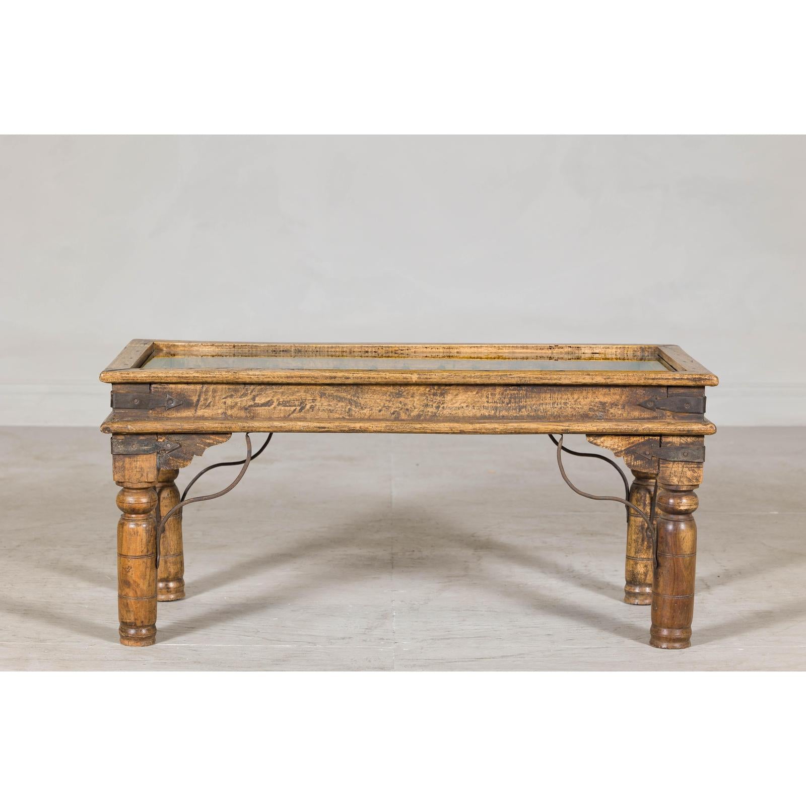 Rustic Coffee Table with Antique Ironwork and Custom Glass - Vintage-16. Asian &amp; Chinese Furniture, Art, Antiques, Vintage Home Décor for sale at FEA Home