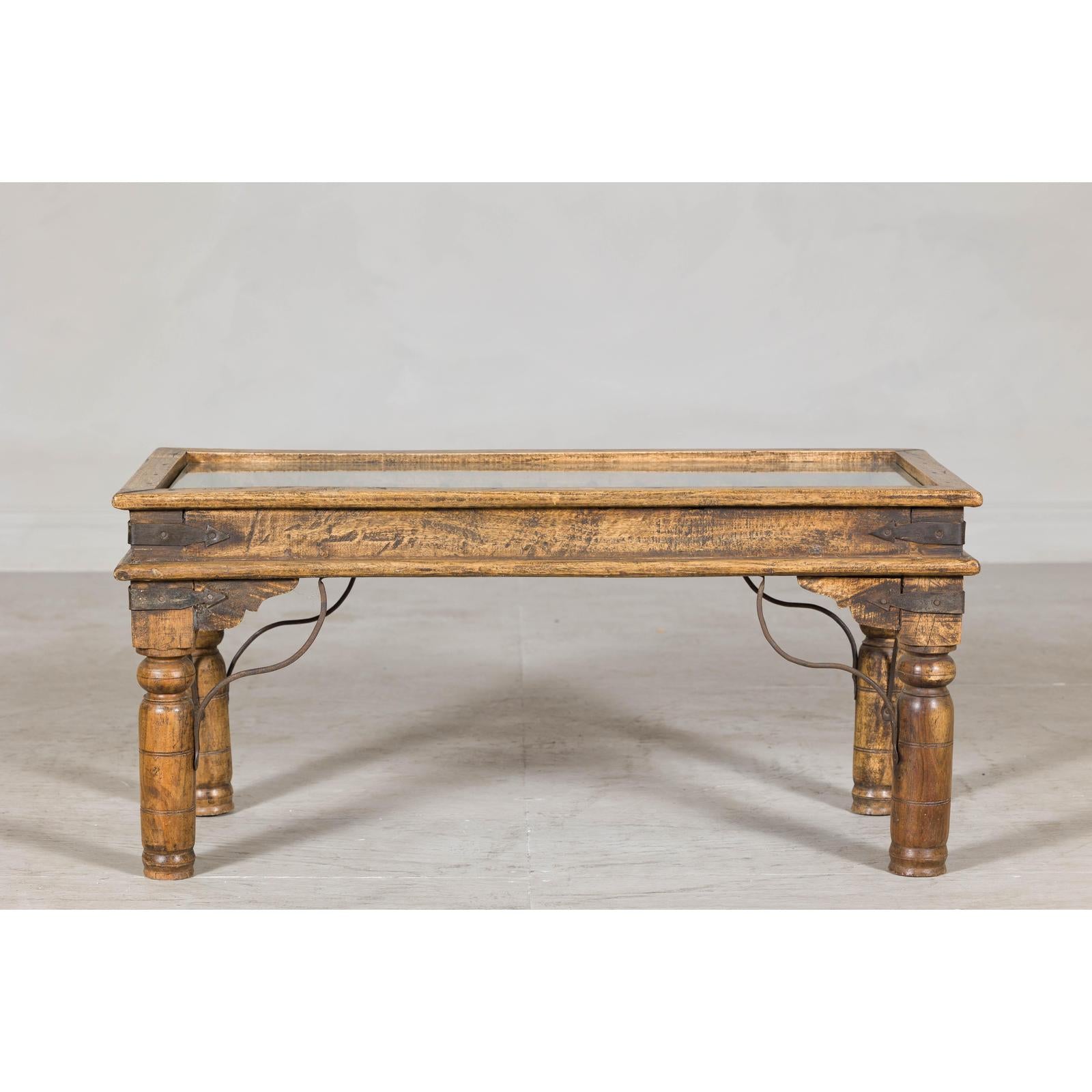 Rustic Coffee Table with Antique Ironwork and Custom Glass - Vintage-3. Asian &amp; Chinese Furniture, Art, Antiques, Vintage Home Décor for sale at FEA Home