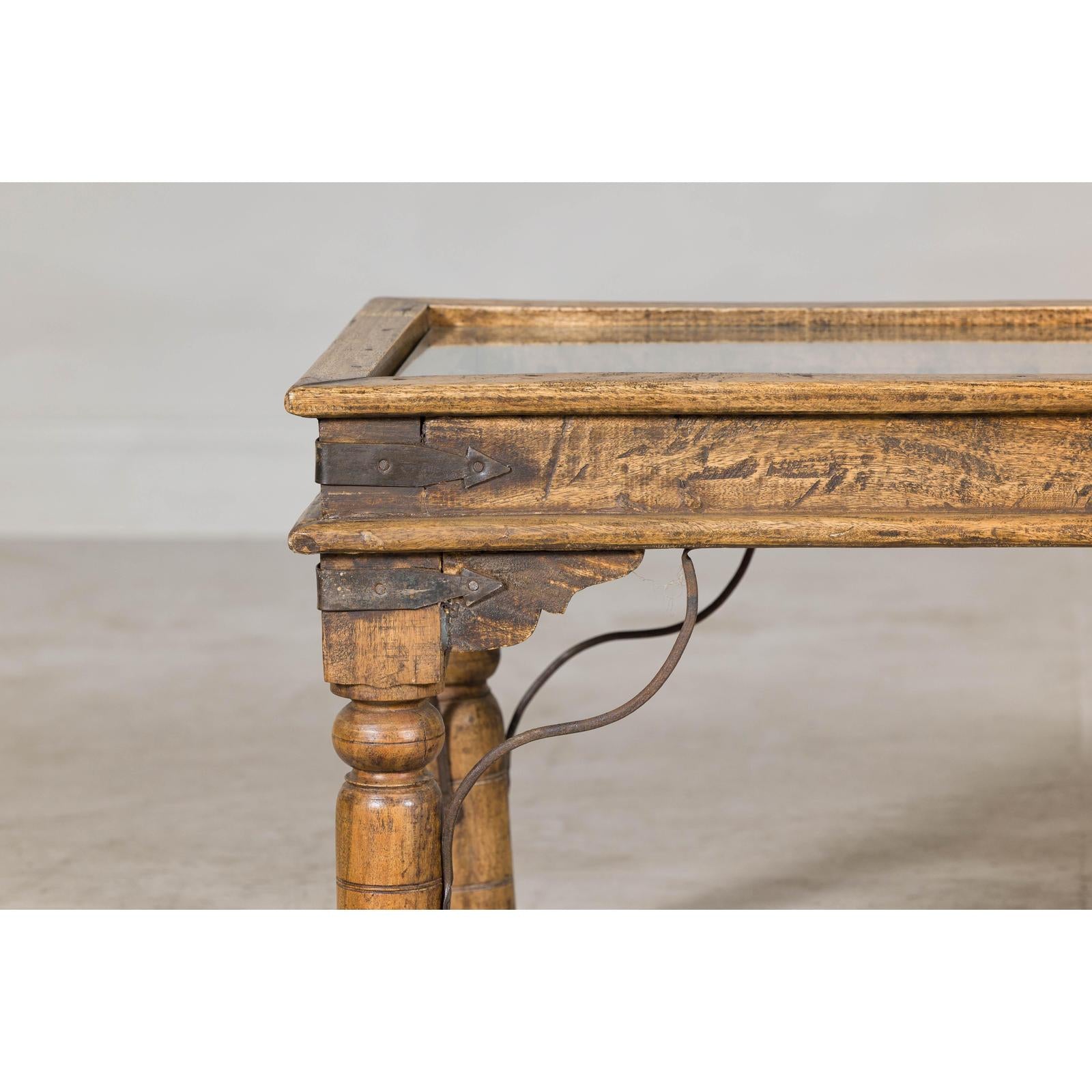 Rustic Coffee Table with Antique Ironwork and Custom Glass - Vintage-4. Asian &amp; Chinese Furniture, Art, Antiques, Vintage Home Décor for sale at FEA Home