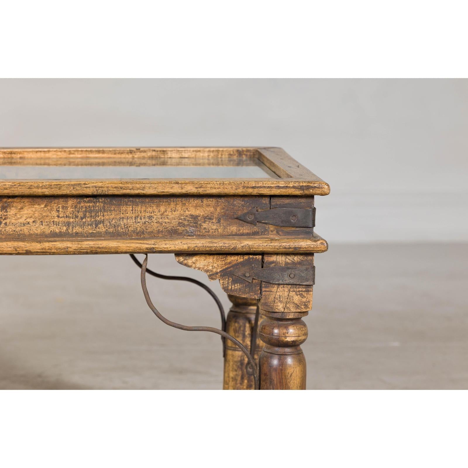 Rustic Coffee Table with Antique Ironwork and Custom Glass - Vintage-5. Asian &amp; Chinese Furniture, Art, Antiques, Vintage Home Décor for sale at FEA Home