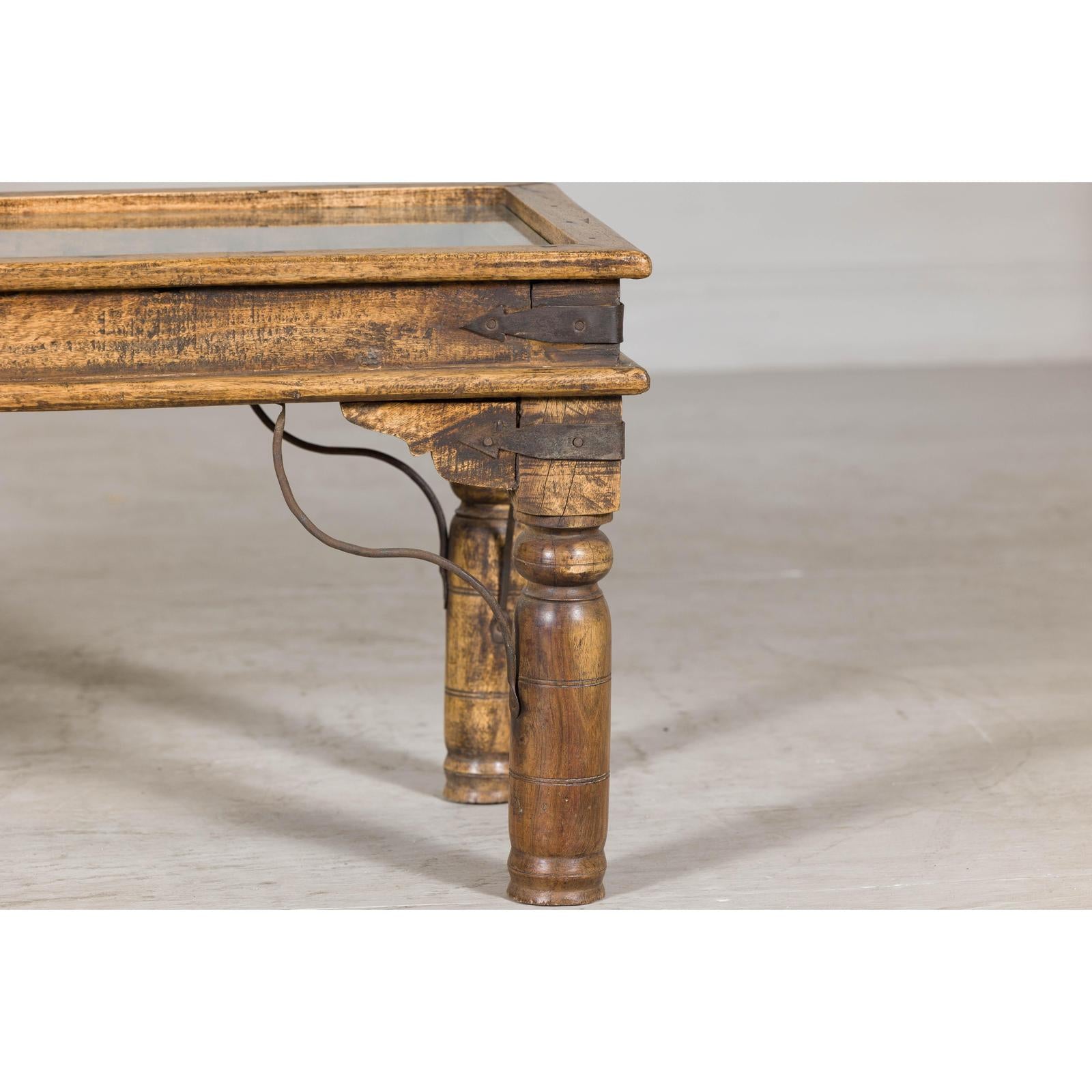 Rustic Coffee Table with Antique Ironwork and Custom Glass - Vintage-7. Asian &amp; Chinese Furniture, Art, Antiques, Vintage Home Décor for sale at FEA Home