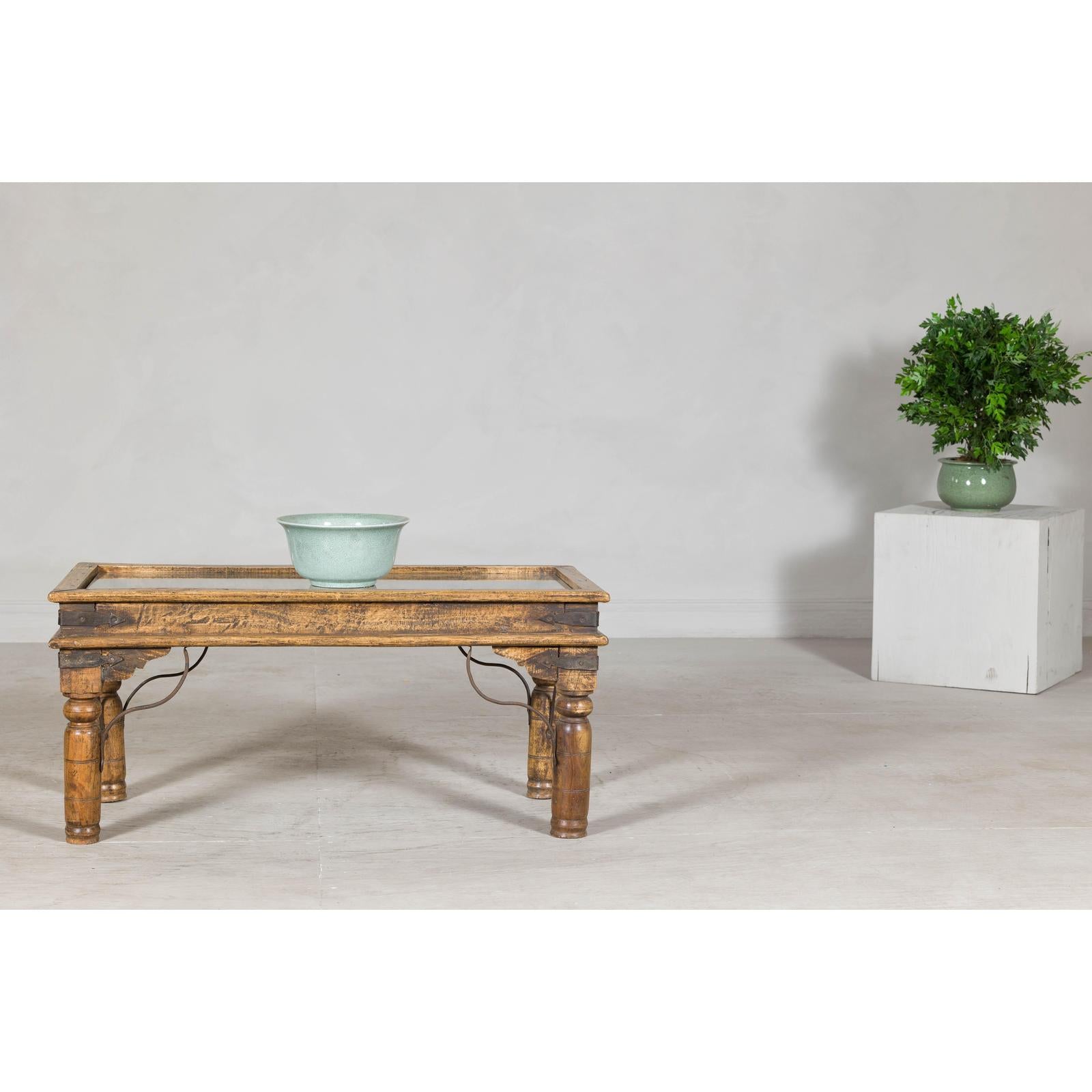 Rustic Coffee Table with Antique Ironwork and Custom Glass - Vintage-9. Asian &amp; Chinese Furniture, Art, Antiques, Vintage Home Décor for sale at FEA Home