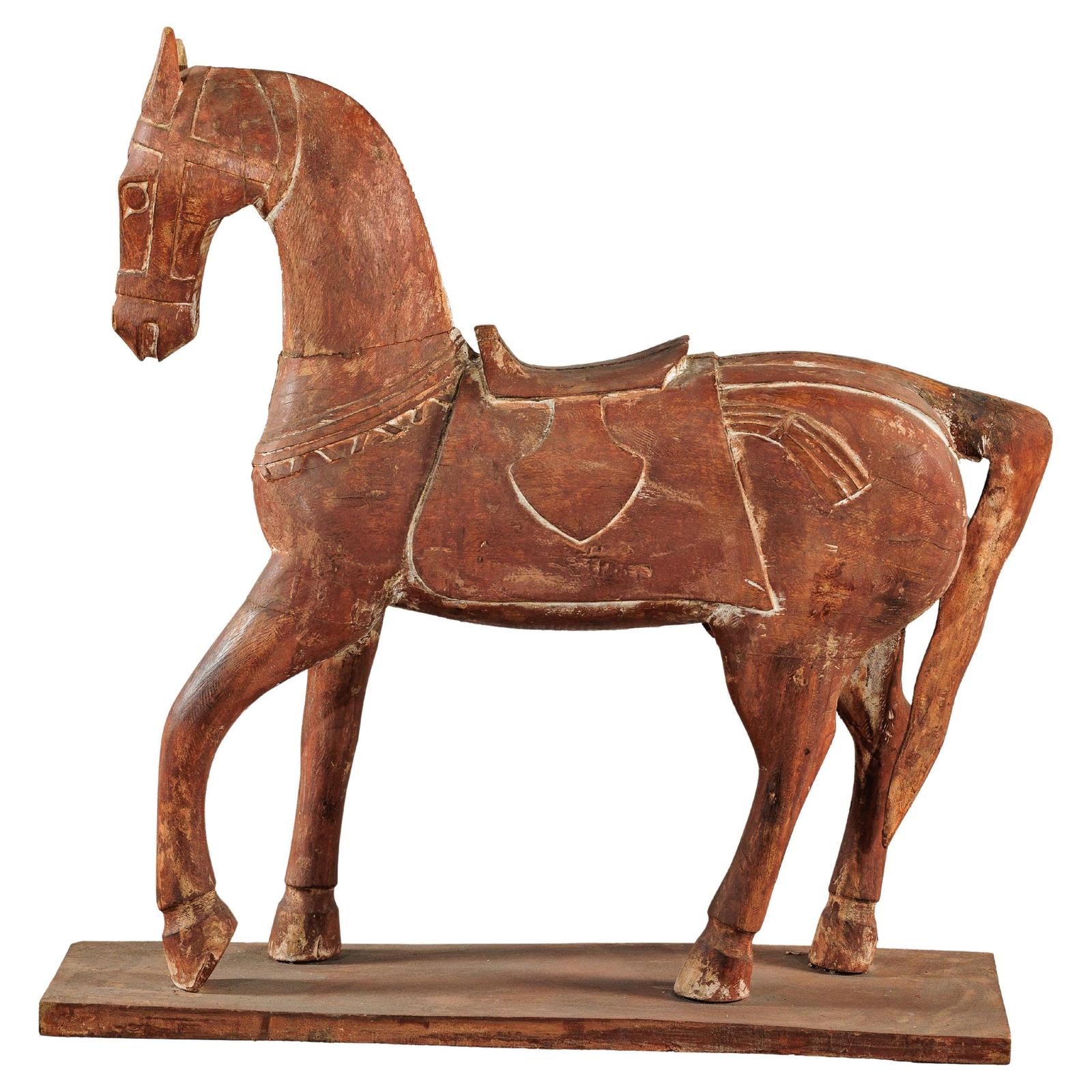 Rustic Vintage Carved Wooden Horse with Saddle on Stand, circa 1950-1. Asian & Chinese Furniture, Art, Antiques, Vintage Home Décor for sale at FEA Home