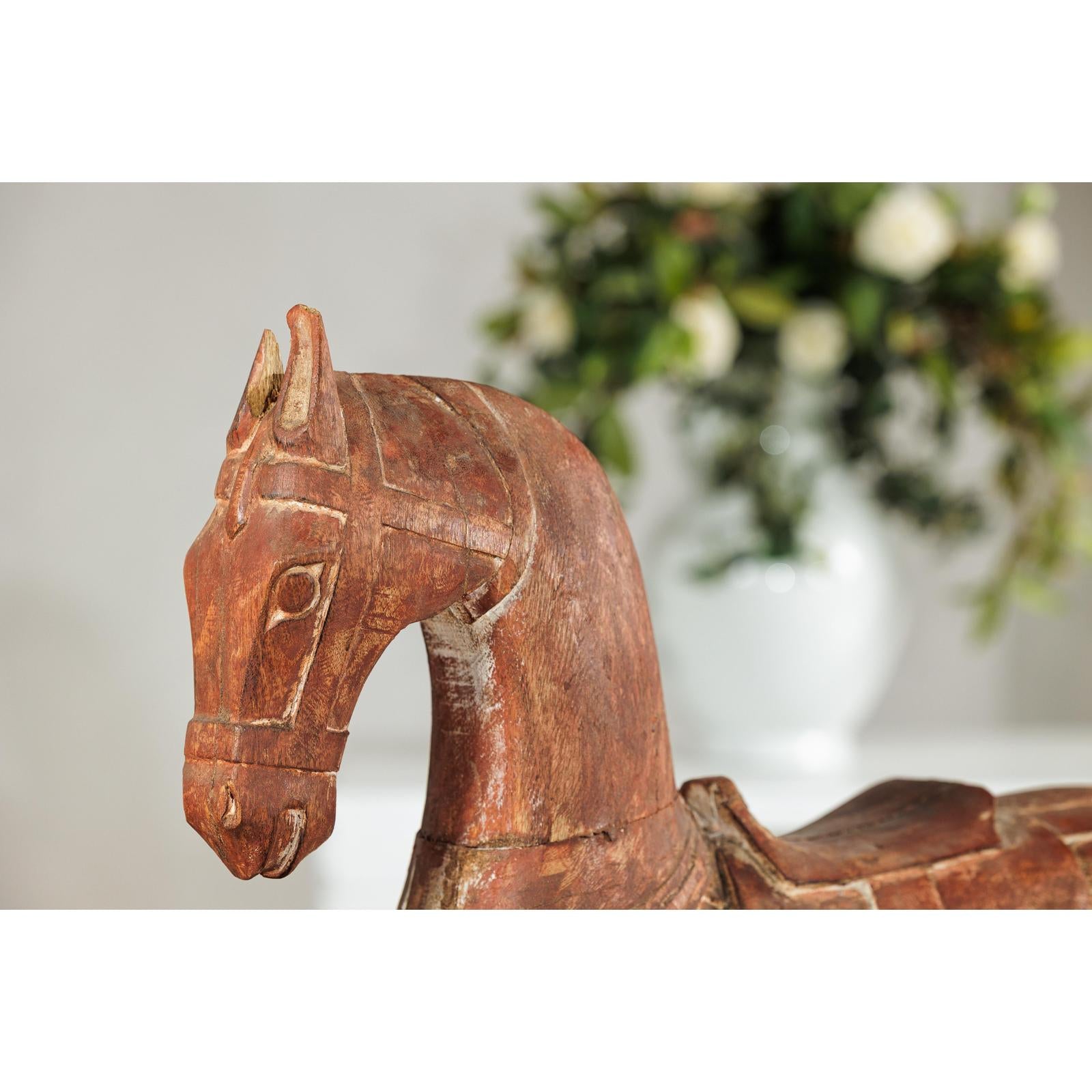 Rustic Vintage Carved Wooden Horse with Saddle on Stand, circa 1950-11. Asian &amp; Chinese Furniture, Art, Antiques, Vintage Home Décor for sale at FEA Home