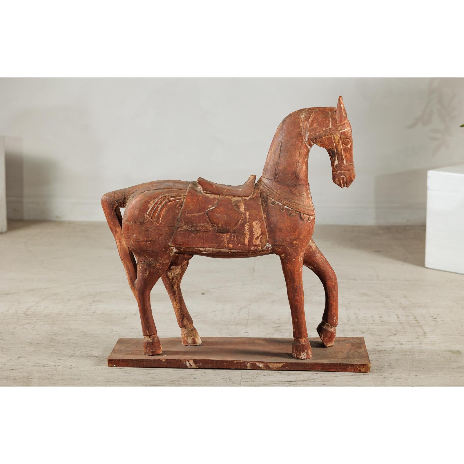 Rustic Vintage Carved Wooden Horse with Saddle on Stand, circa 1950-13. Asian &amp; Chinese Furniture, Art, Antiques, Vintage Home Décor for sale at FEA Home