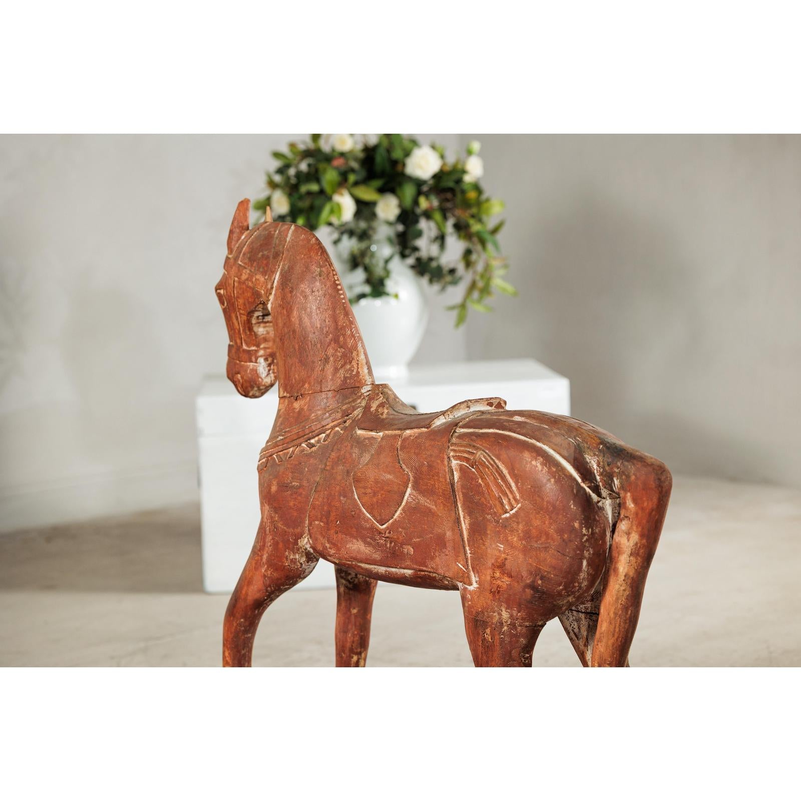 Rustic Vintage Carved Wooden Horse with Saddle on Stand, circa 1950-14. Asian &amp; Chinese Furniture, Art, Antiques, Vintage Home Décor for sale at FEA Home