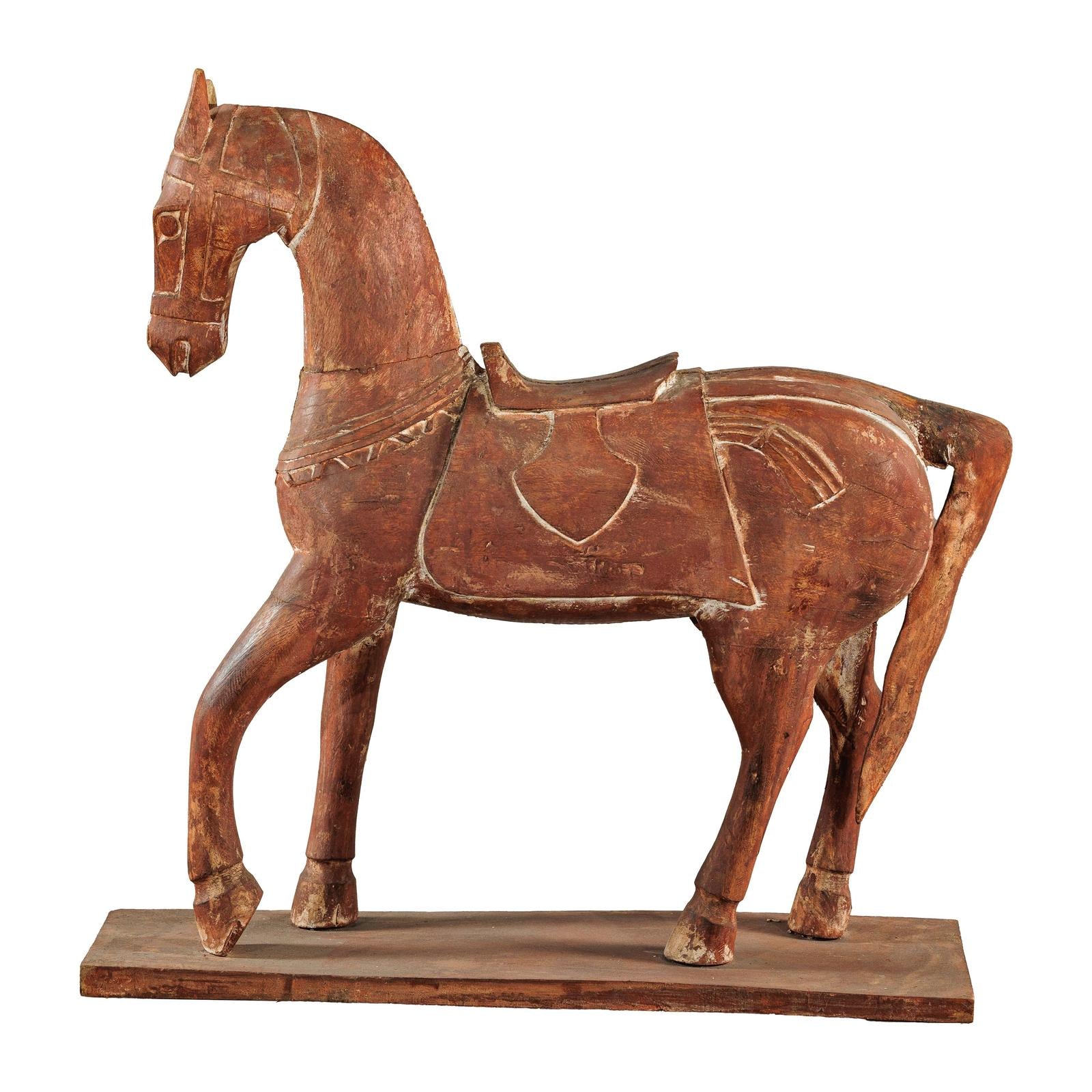 Rustic Vintage Carved Wooden Horse with Saddle on Stand, circa 1950-18. Asian &amp; Chinese Furniture, Art, Antiques, Vintage Home Décor for sale at FEA Home