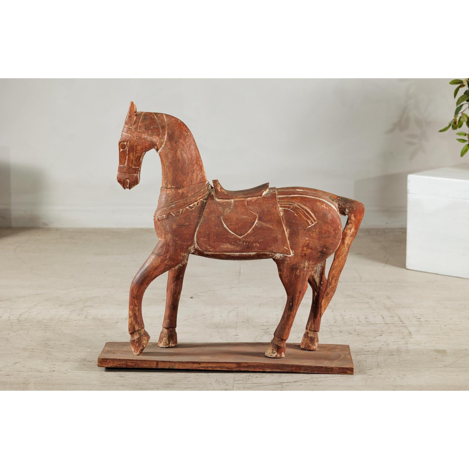 Rustic Vintage Carved Wooden Horse with Saddle on Stand, circa 1950-2. Asian & Chinese Furniture, Art, Antiques, Vintage Home Décor for sale at FEA Home