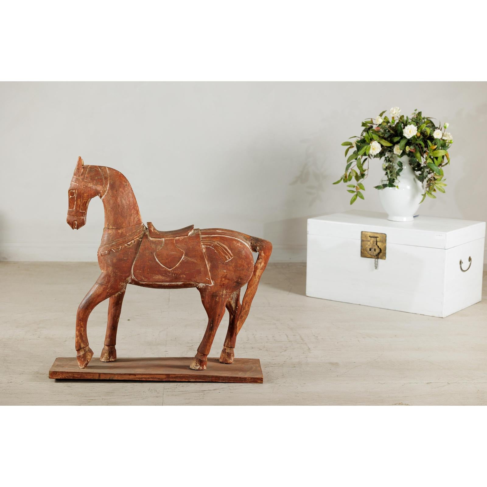 Rustic Vintage Carved Wooden Horse with Saddle on Stand, circa 1950-3. Asian &amp; Chinese Furniture, Art, Antiques, Vintage Home Décor for sale at FEA Home