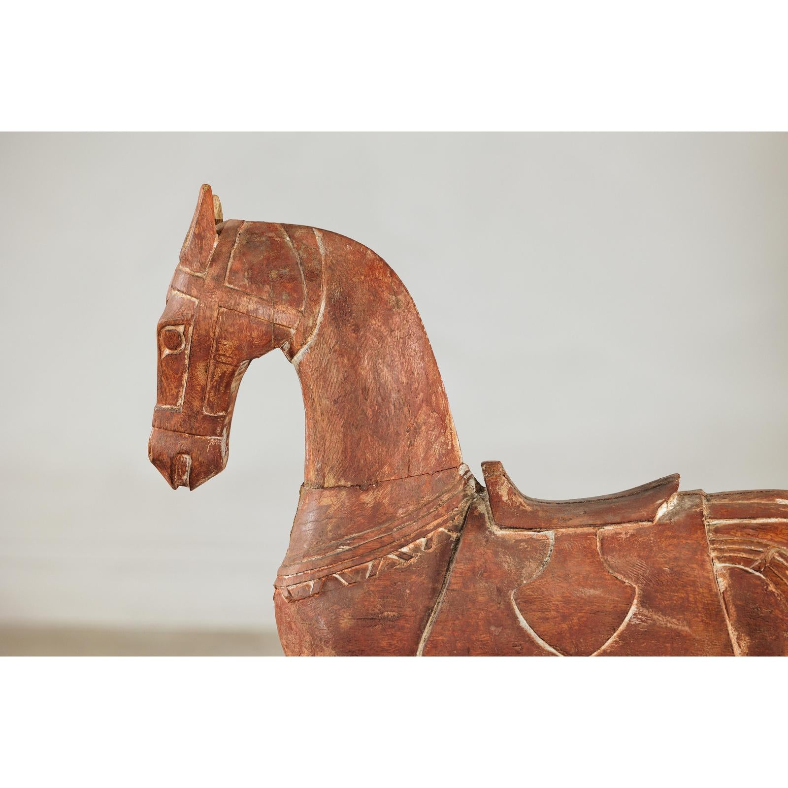 Rustic Vintage Carved Wooden Horse with Saddle on Stand, circa 1950-4. Asian &amp; Chinese Furniture, Art, Antiques, Vintage Home Décor for sale at FEA Home