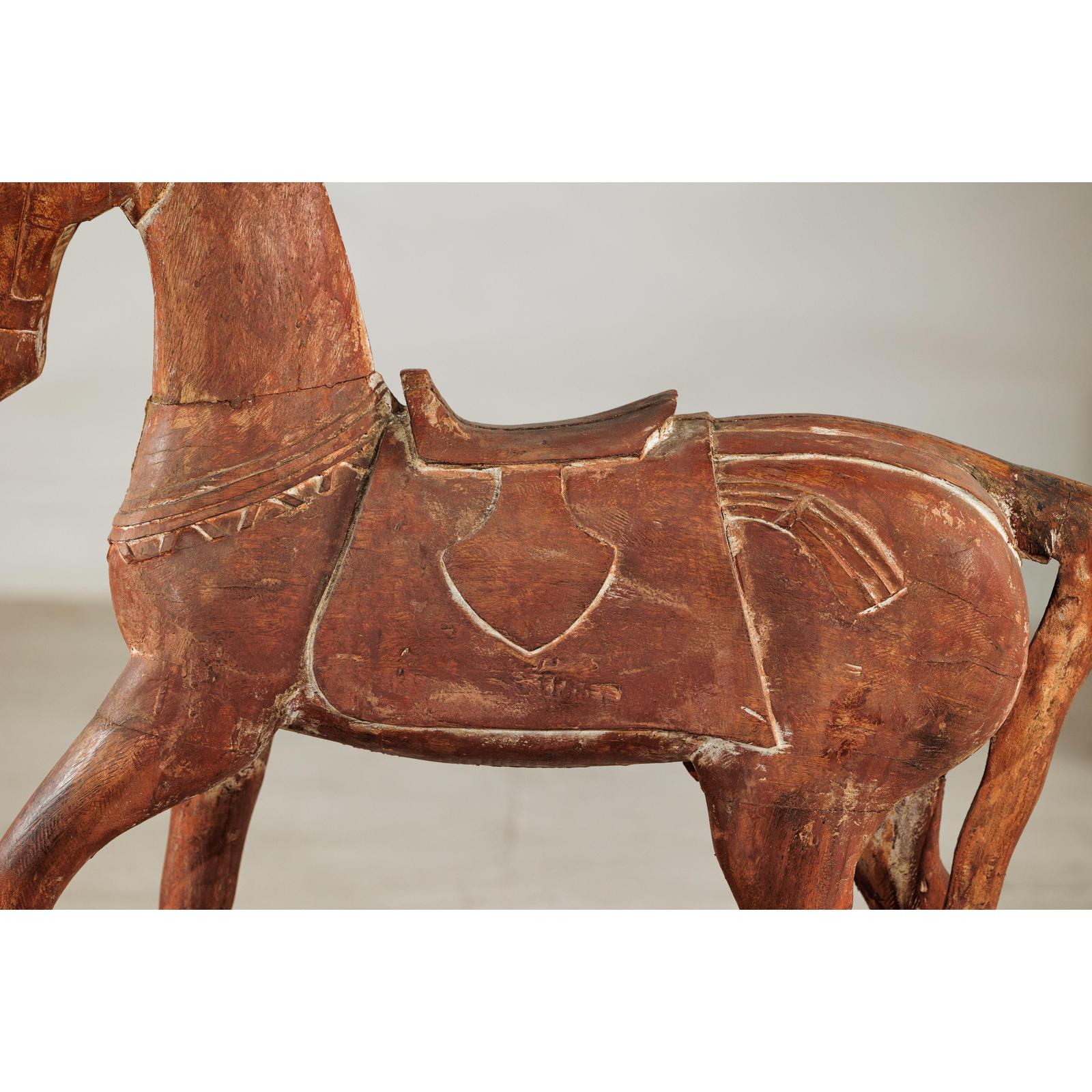 Rustic Vintage Carved Wooden Horse with Saddle on Stand, circa 1950-5. Asian &amp; Chinese Furniture, Art, Antiques, Vintage Home Décor for sale at FEA Home