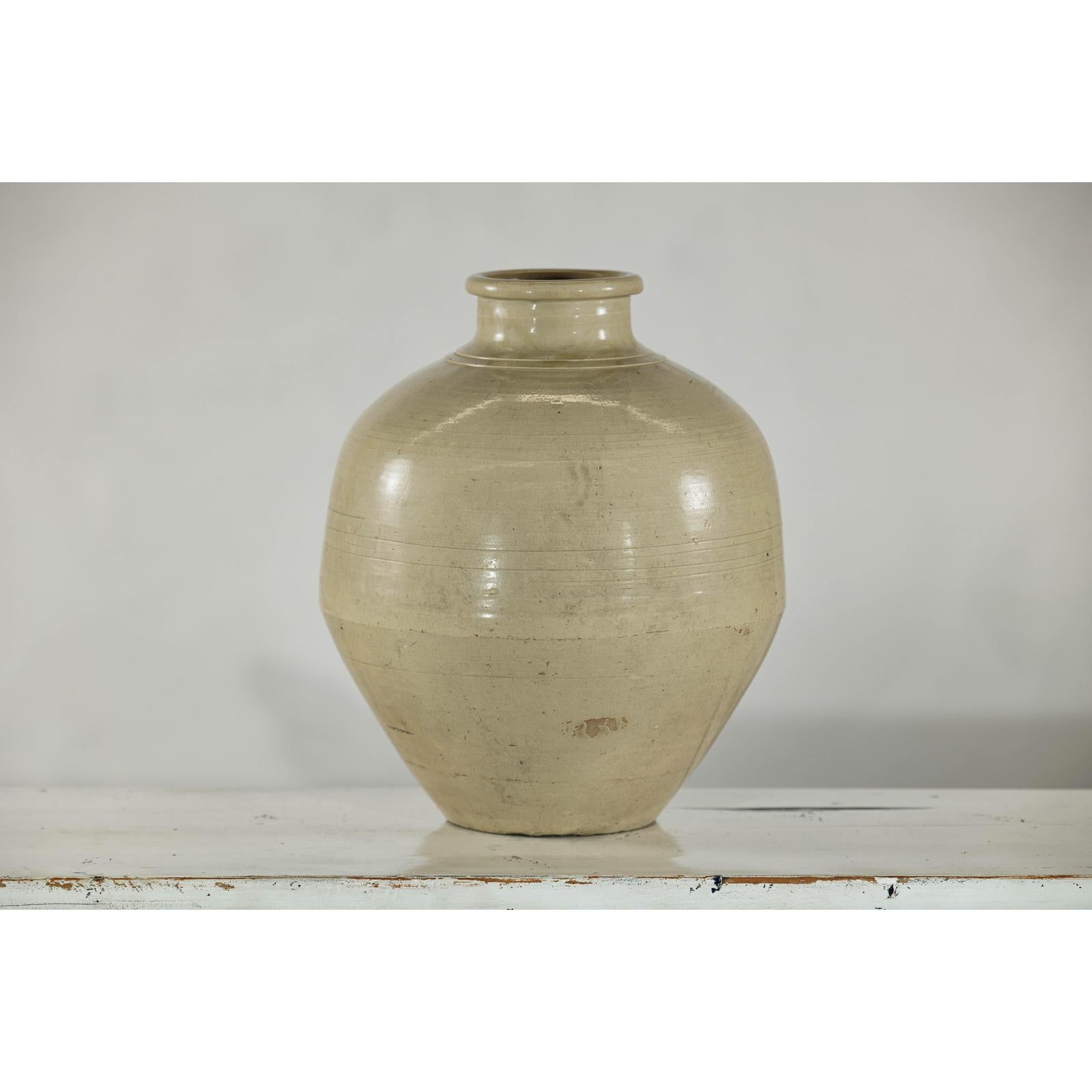 Sand-Colored Ceramic Vase with Rounded Shoulder and Tapered Base-5. Asian &amp; Chinese Furniture, Art, Antiques, Vintage Home Décor for sale at FEA Home