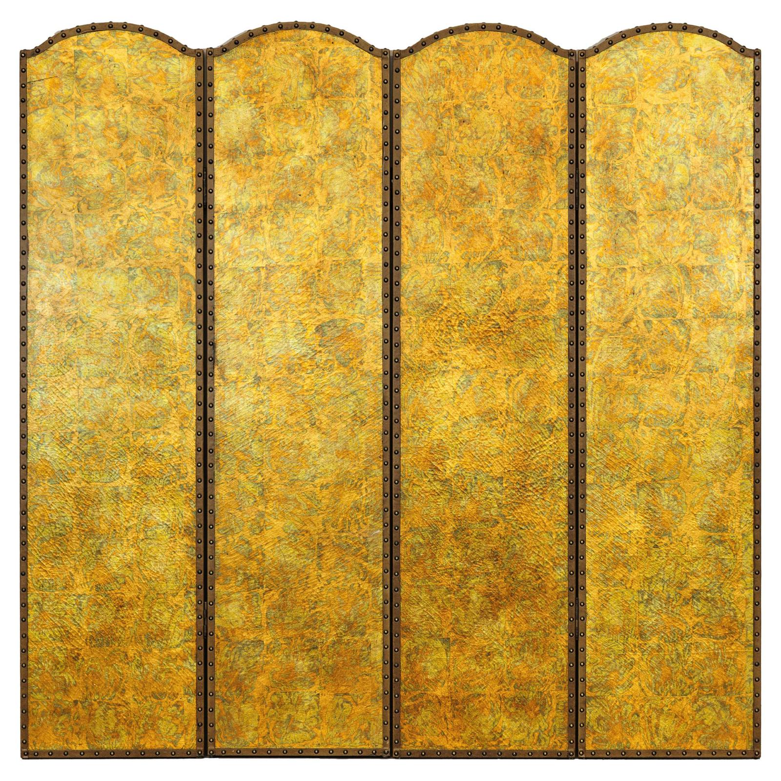 Scalloped Four-Panel Screen in Distressed Gold Leaf with Nailhead Trim-1. Asian & Chinese Furniture, Art, Antiques, Vintage Home Décor for sale at FEA Home
