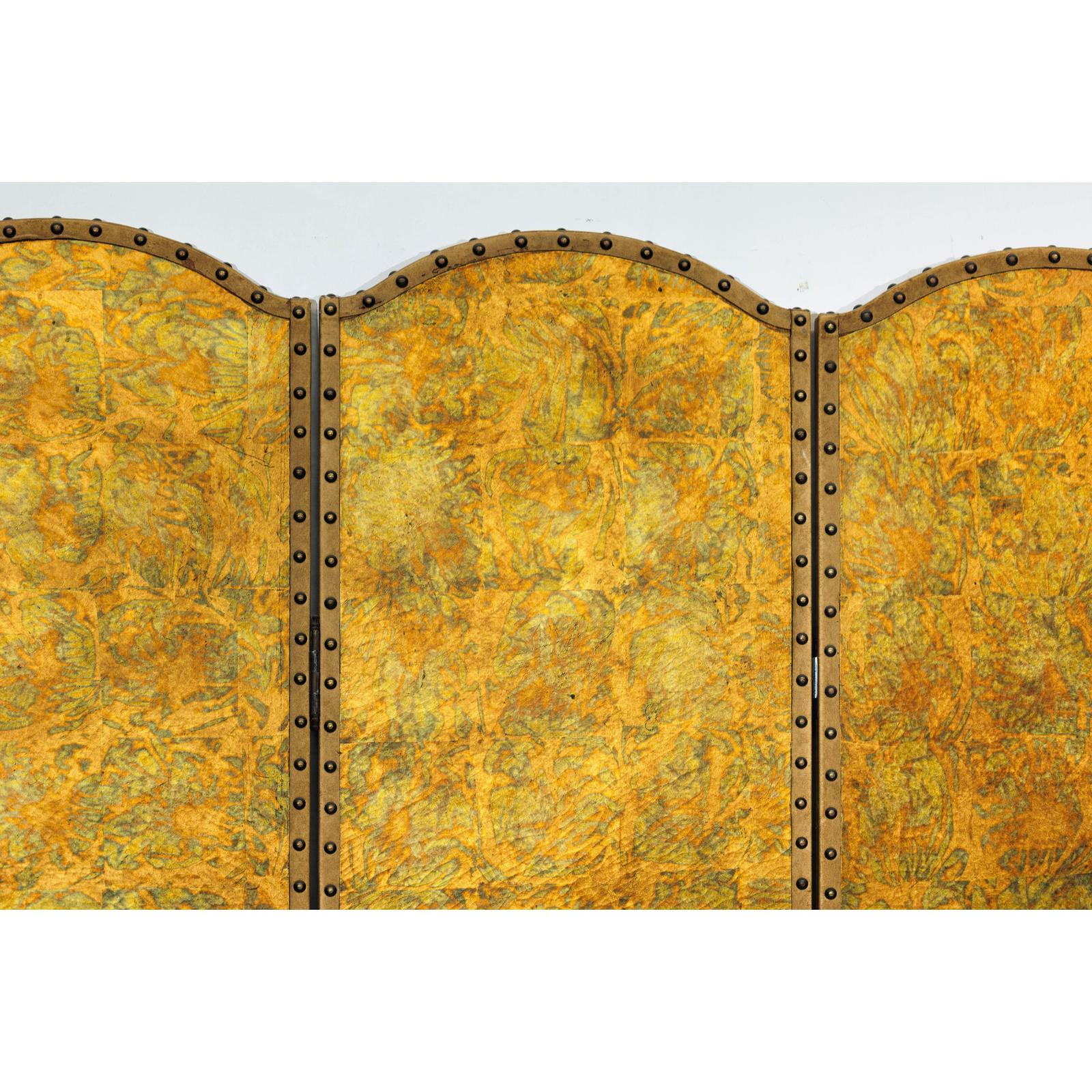 Scalloped Four-Panel Screen in Distressed Gold Leaf with Nailhead Trim-10. Asian &amp; Chinese Furniture, Art, Antiques, Vintage Home Décor for sale at FEA Home