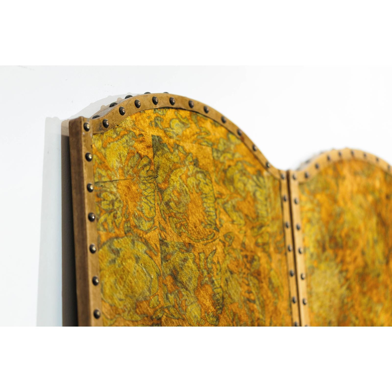 Scalloped Four-Panel Screen in Distressed Gold Leaf with Nailhead Trim-16. Asian &amp; Chinese Furniture, Art, Antiques, Vintage Home Décor for sale at FEA Home