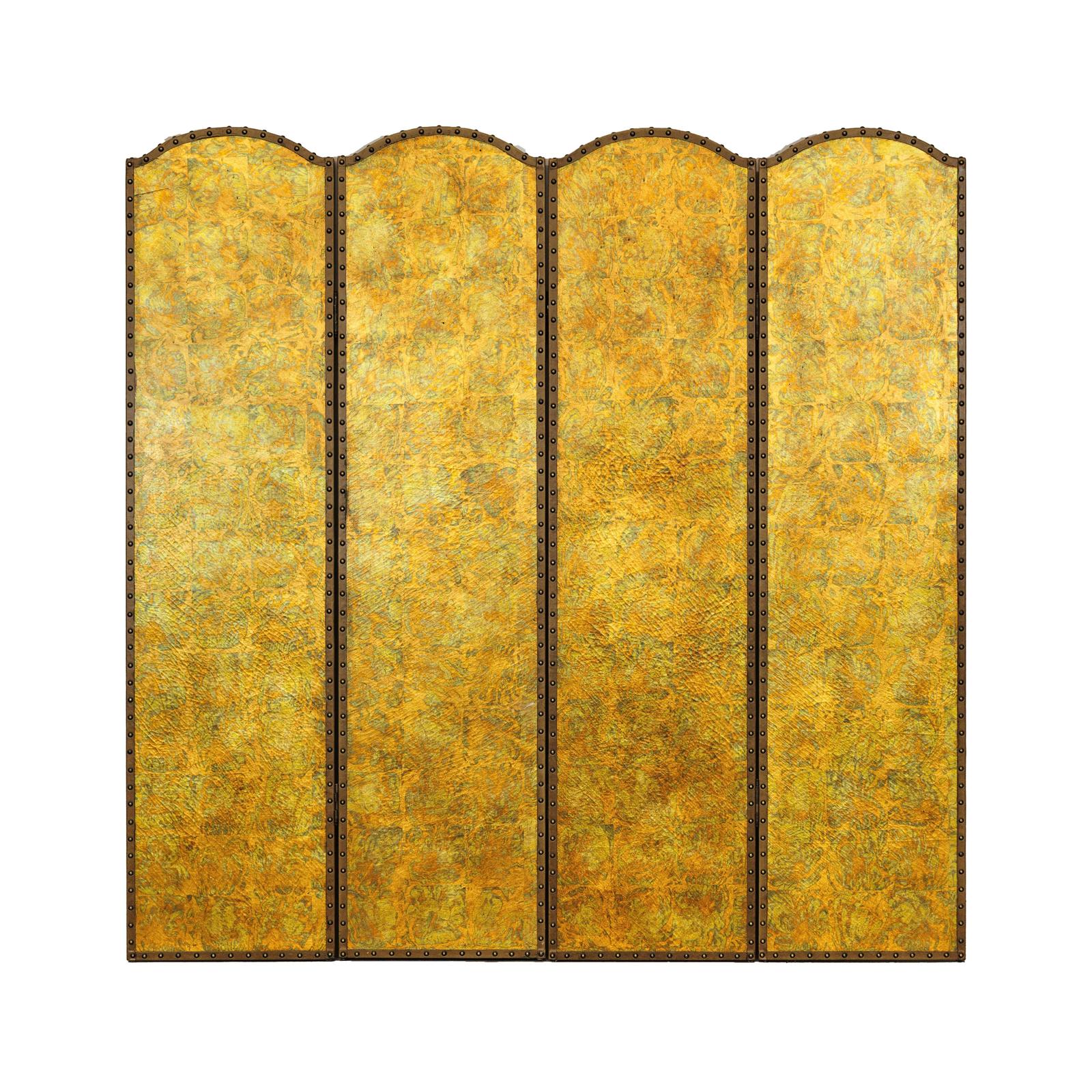 Scalloped Four-Panel Screen in Distressed Gold Leaf with Nailhead Trim-17. Asian &amp; Chinese Furniture, Art, Antiques, Vintage Home Décor for sale at FEA Home