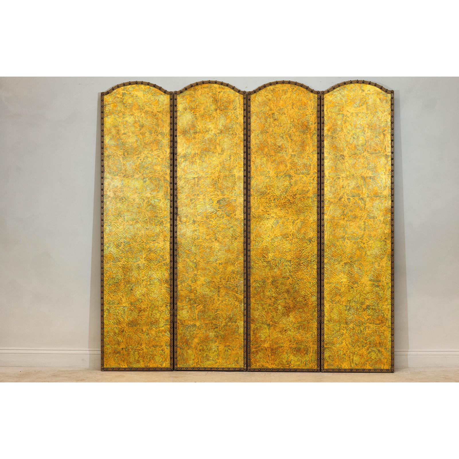 Scalloped Four-Panel Screen in Distressed Gold Leaf with Nailhead Trim-2. Asian & Chinese Furniture, Art, Antiques, Vintage Home Décor for sale at FEA Home