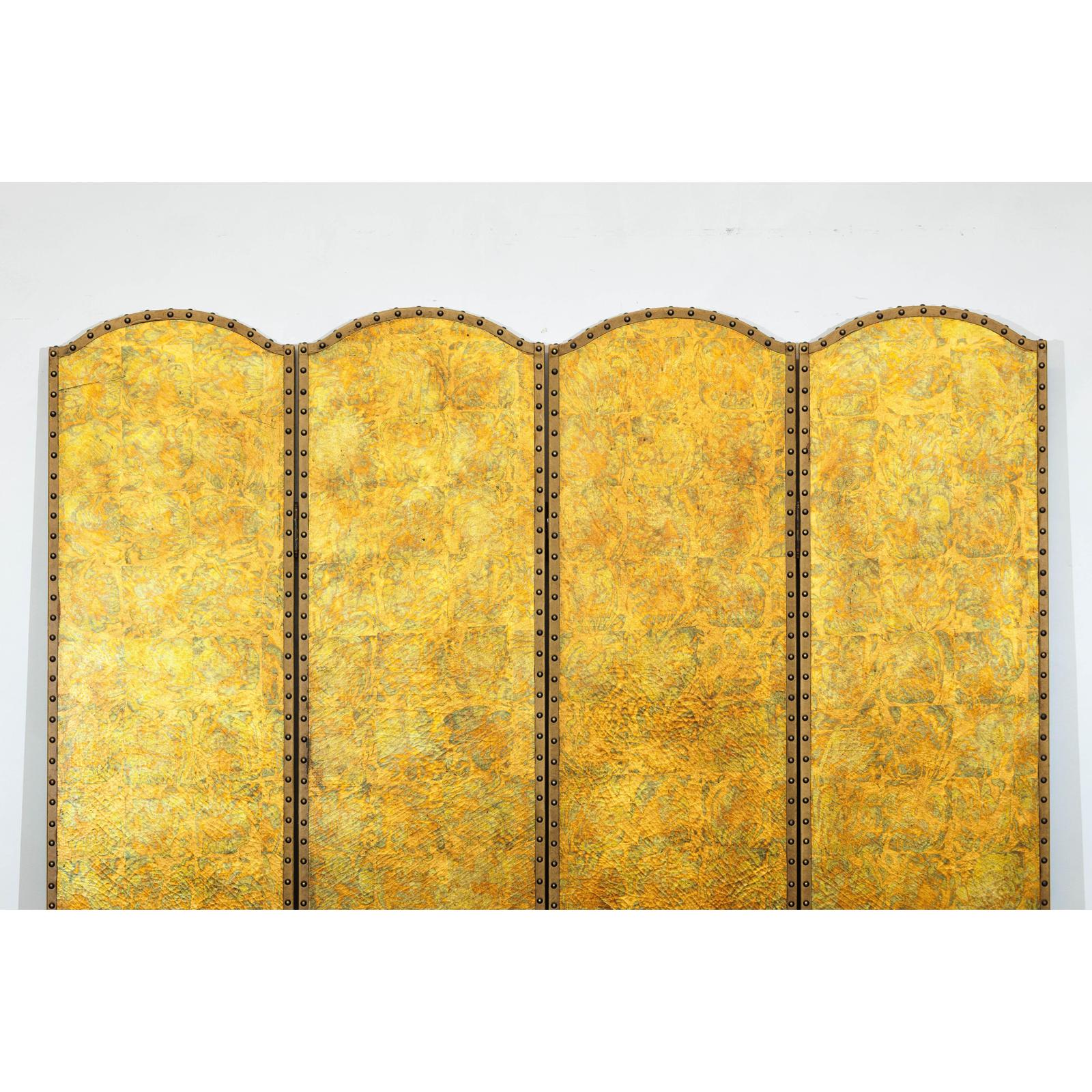 Scalloped Four-Panel Screen in Distressed Gold Leaf with Nailhead Trim-3. Asian &amp; Chinese Furniture, Art, Antiques, Vintage Home Décor for sale at FEA Home