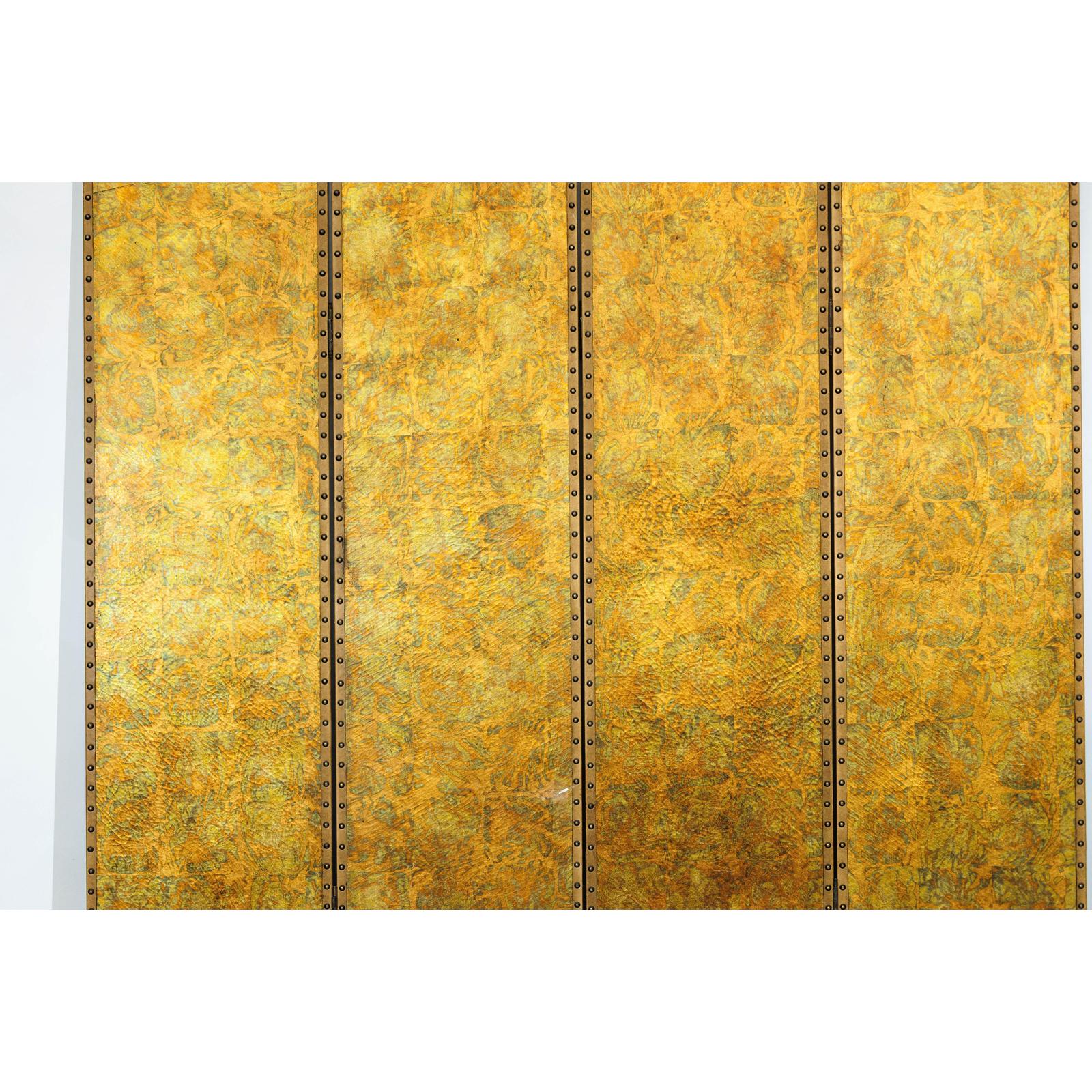 Scalloped Four-Panel Screen in Distressed Gold Leaf with Nailhead Trim-4. Asian &amp; Chinese Furniture, Art, Antiques, Vintage Home Décor for sale at FEA Home