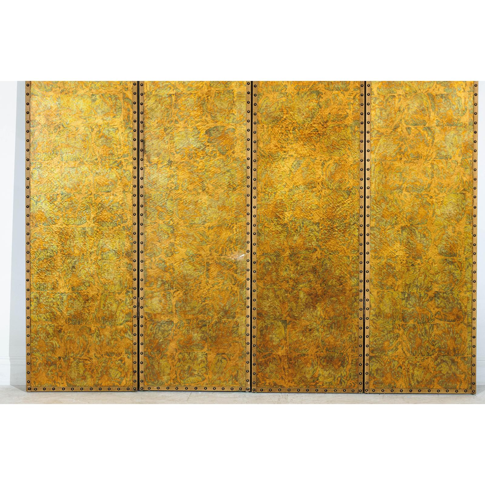 Scalloped Four-Panel Screen in Distressed Gold Leaf with Nailhead Trim-5. Asian &amp; Chinese Furniture, Art, Antiques, Vintage Home Décor for sale at FEA Home