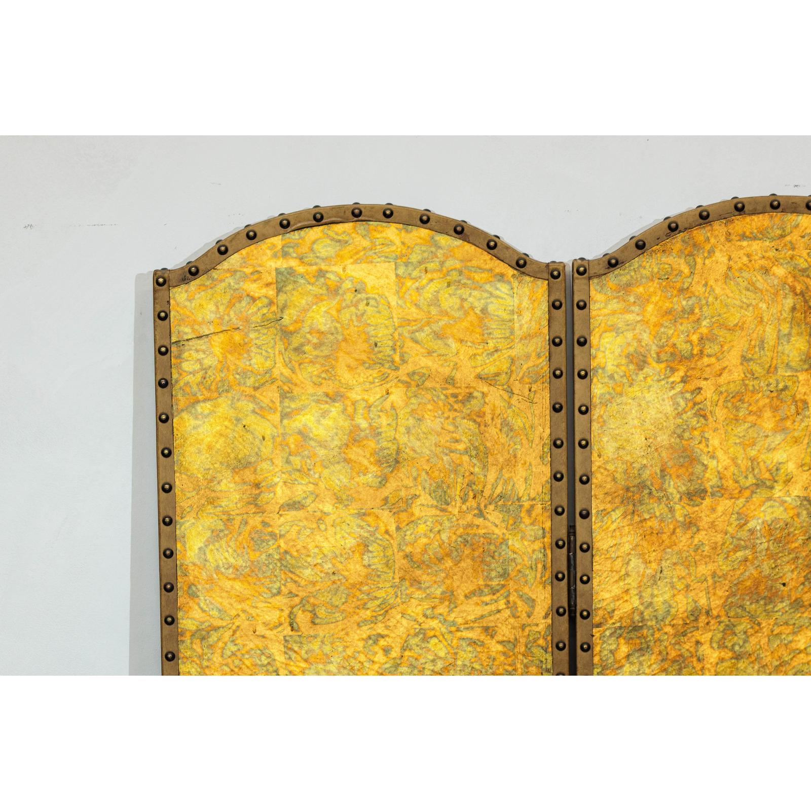 Scalloped Four-Panel Screen in Distressed Gold Leaf with Nailhead Trim-6. Asian &amp; Chinese Furniture, Art, Antiques, Vintage Home Décor for sale at FEA Home