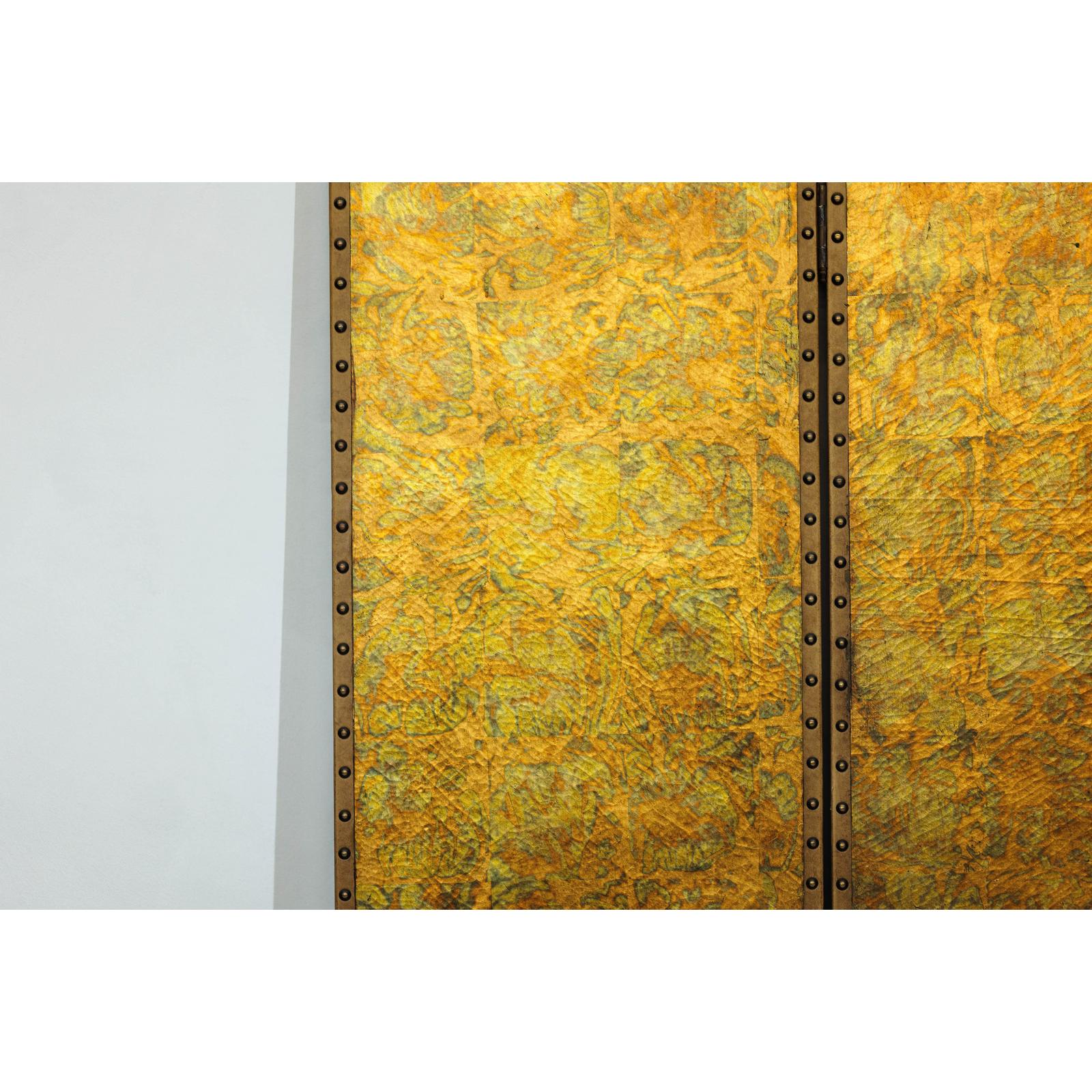 Scalloped Four-Panel Screen in Distressed Gold Leaf with Nailhead Trim-7. Asian &amp; Chinese Furniture, Art, Antiques, Vintage Home Décor for sale at FEA Home