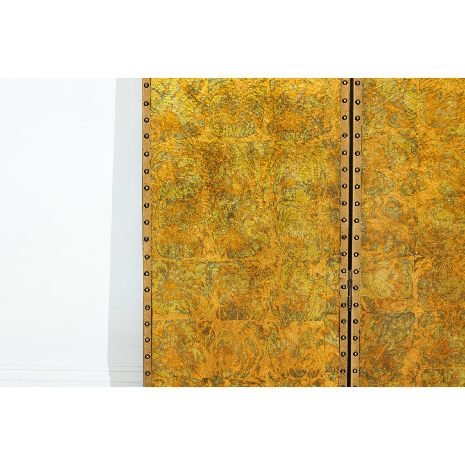 Scalloped Four-Panel Screen in Distressed Gold Leaf with Nailhead Trim-8. Asian &amp; Chinese Furniture, Art, Antiques, Vintage Home Décor for sale at FEA Home