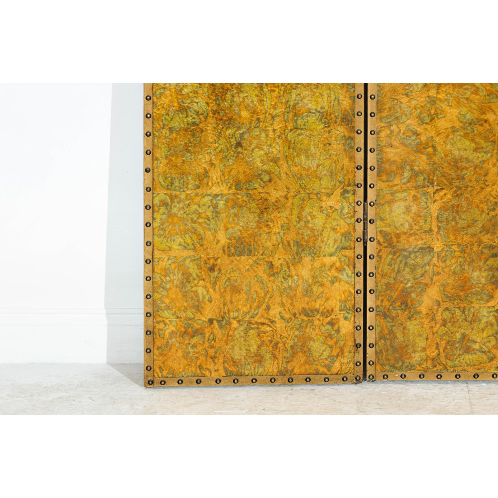 Scalloped Four-Panel Screen in Distressed Gold Leaf with Nailhead Trim-9. Asian &amp; Chinese Furniture, Art, Antiques, Vintage Home Décor for sale at FEA Home