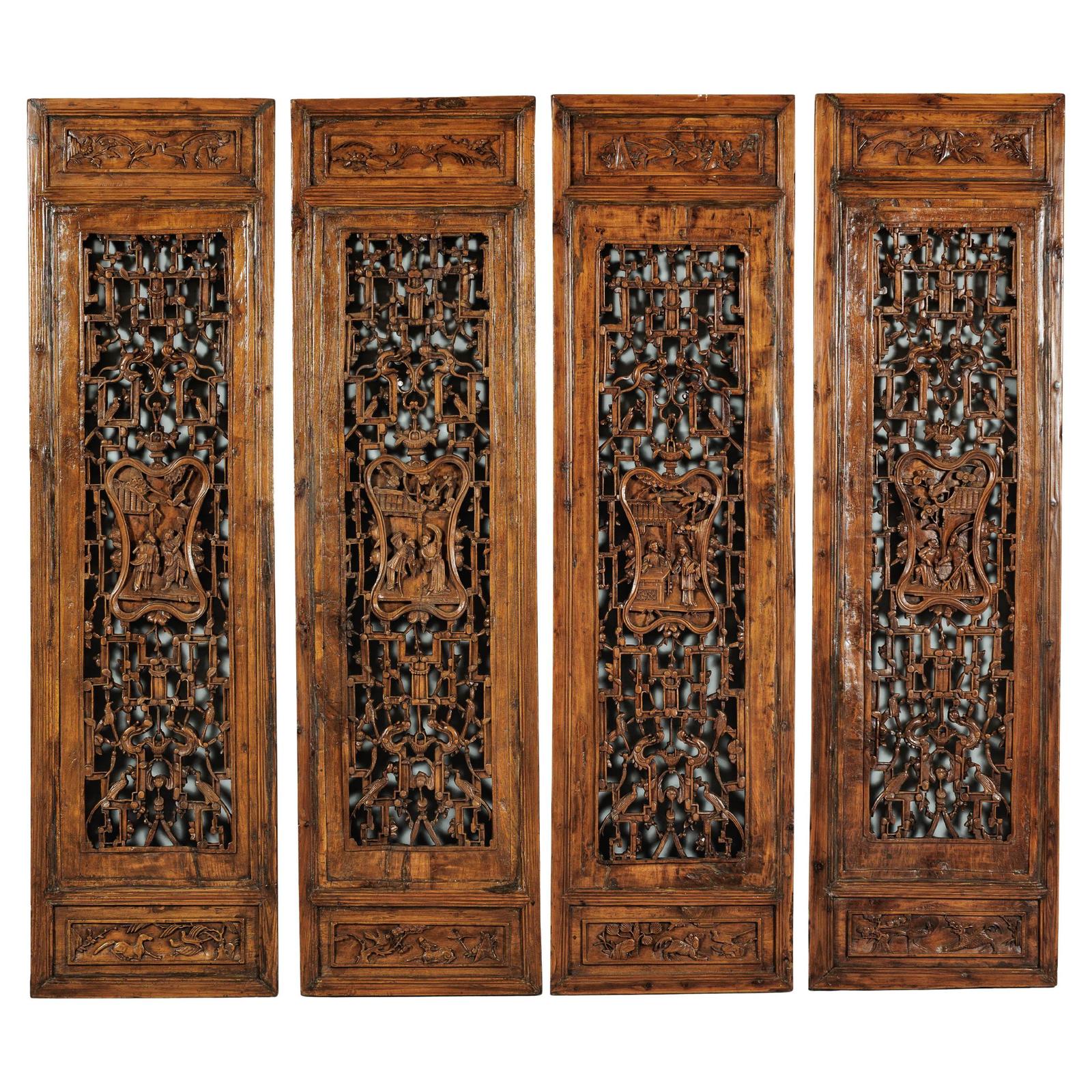 Set of Four Antique Architectural Panels with Carved Lattice and Figures-1. Asian & Chinese Furniture, Art, Antiques, Vintage Home Décor for sale at FEA Home