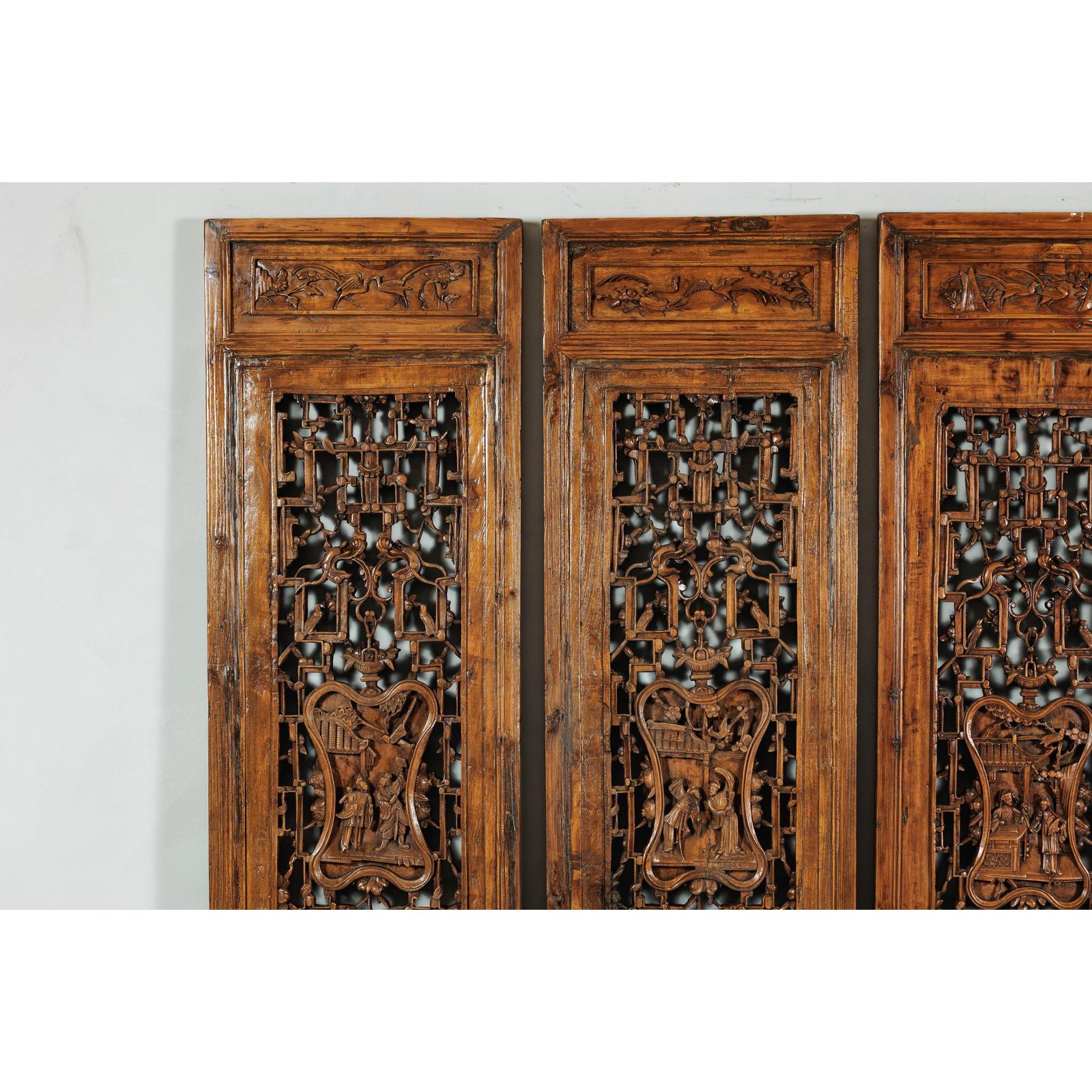 Set of Four Antique Architectural Panels with Carved Lattice and Figures-2. Asian & Chinese Furniture, Art, Antiques, Vintage Home Décor for sale at FEA Home
