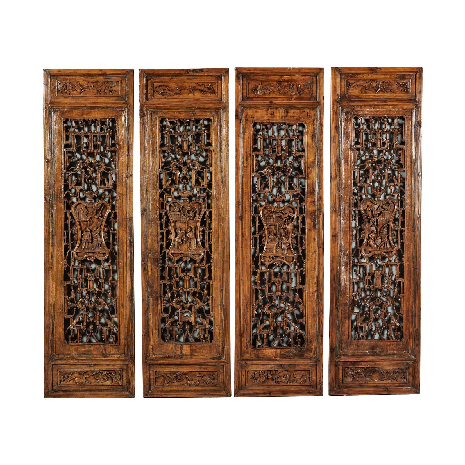 Set of Four Antique Architectural Panels with Carved Lattice and Figures-20. Asian &amp; Chinese Furniture, Art, Antiques, Vintage Home Décor for sale at FEA Home