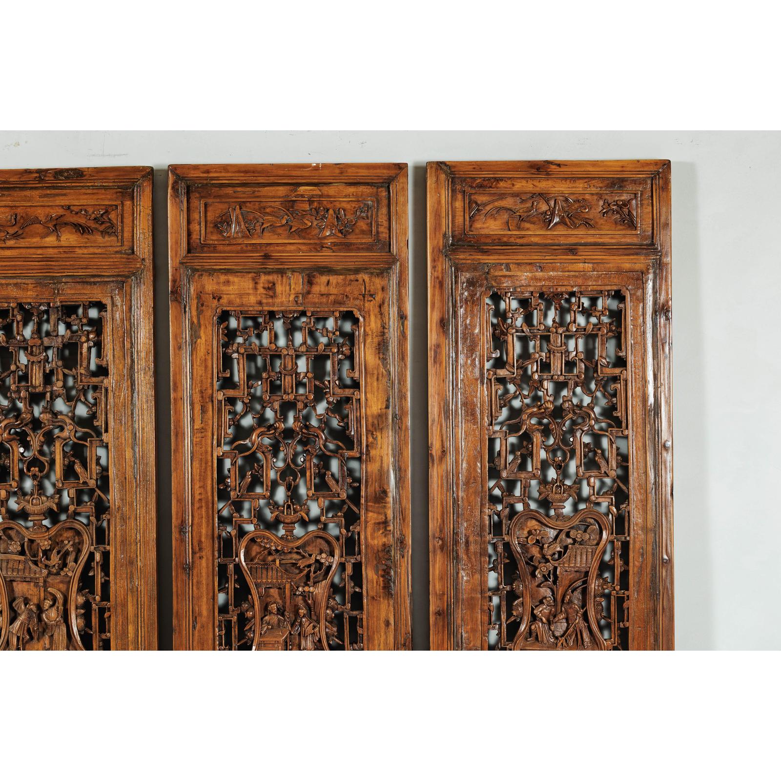 Set of Four Antique Architectural Panels with Carved Lattice and Figures-5. Asian &amp; Chinese Furniture, Art, Antiques, Vintage Home Décor for sale at FEA Home