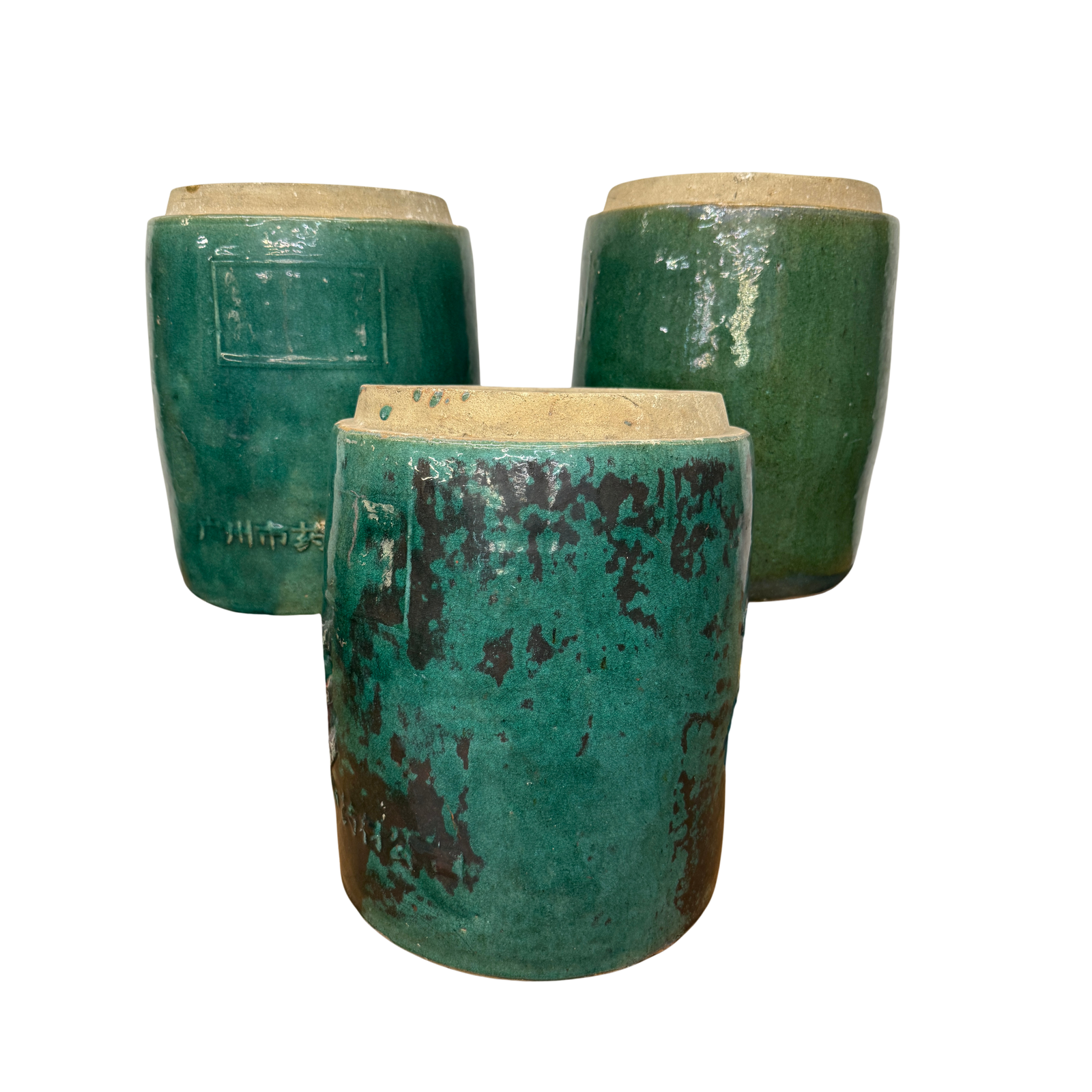 Set of Round Green Glazed Storage Jars with Markings - FEA Home