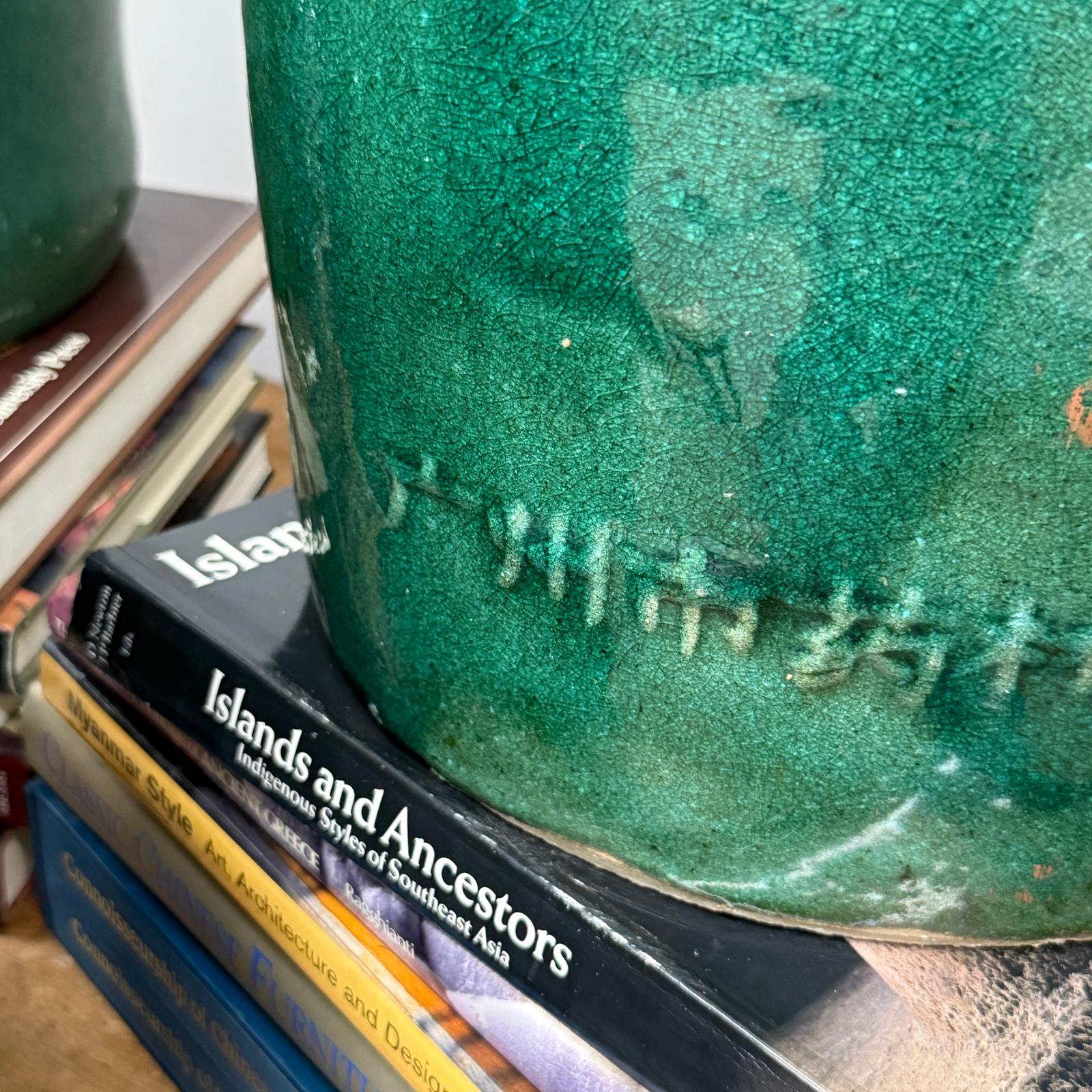 Set of Round Green Glazed Storage Jars with Markings - FEA Home