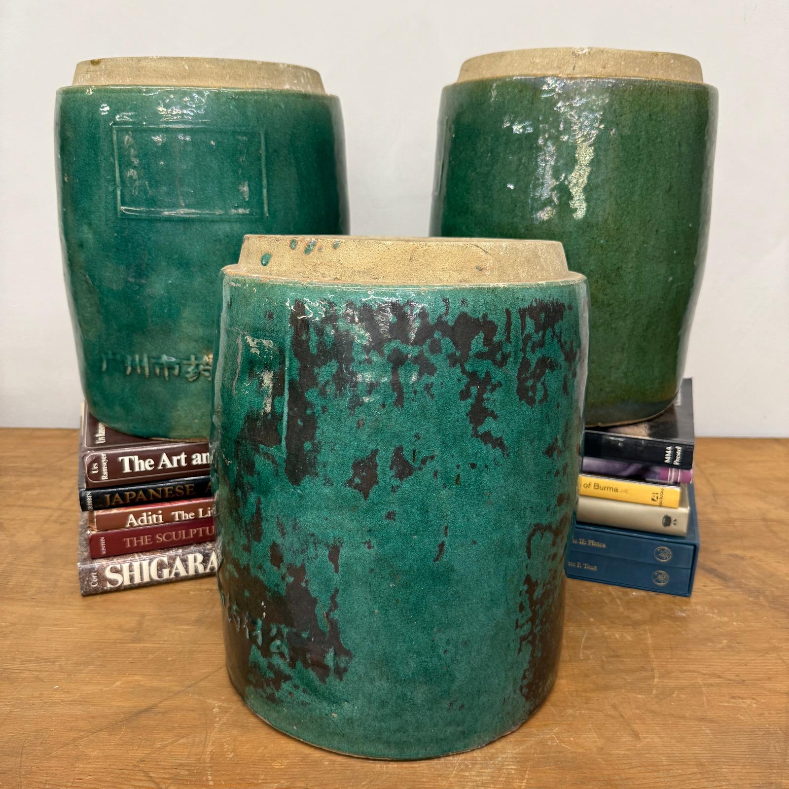 Set of Round Green Glazed Storage Jars with Markings - FEA Home