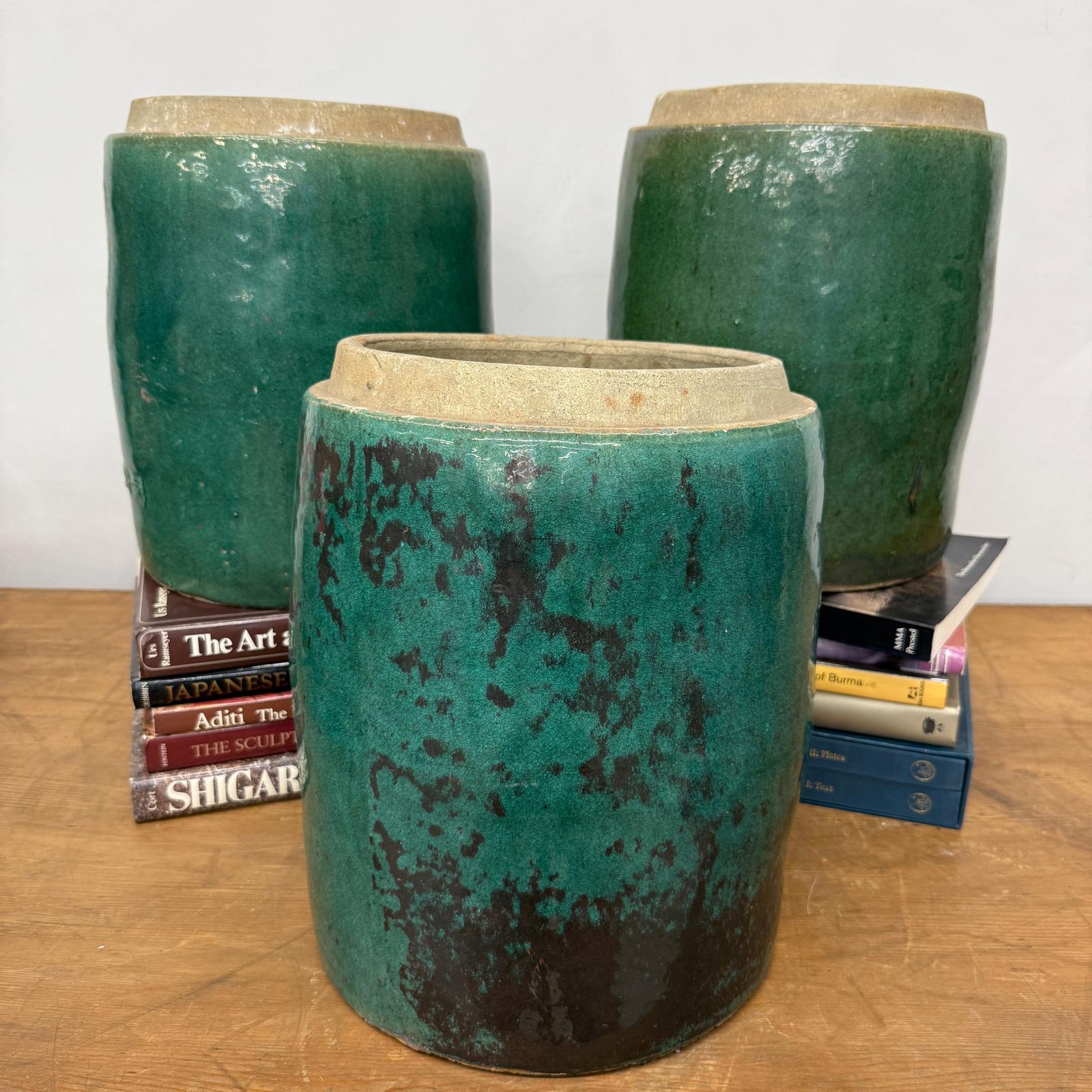 Set of Round Green Glazed Storage Jars with Markings - FEA Home