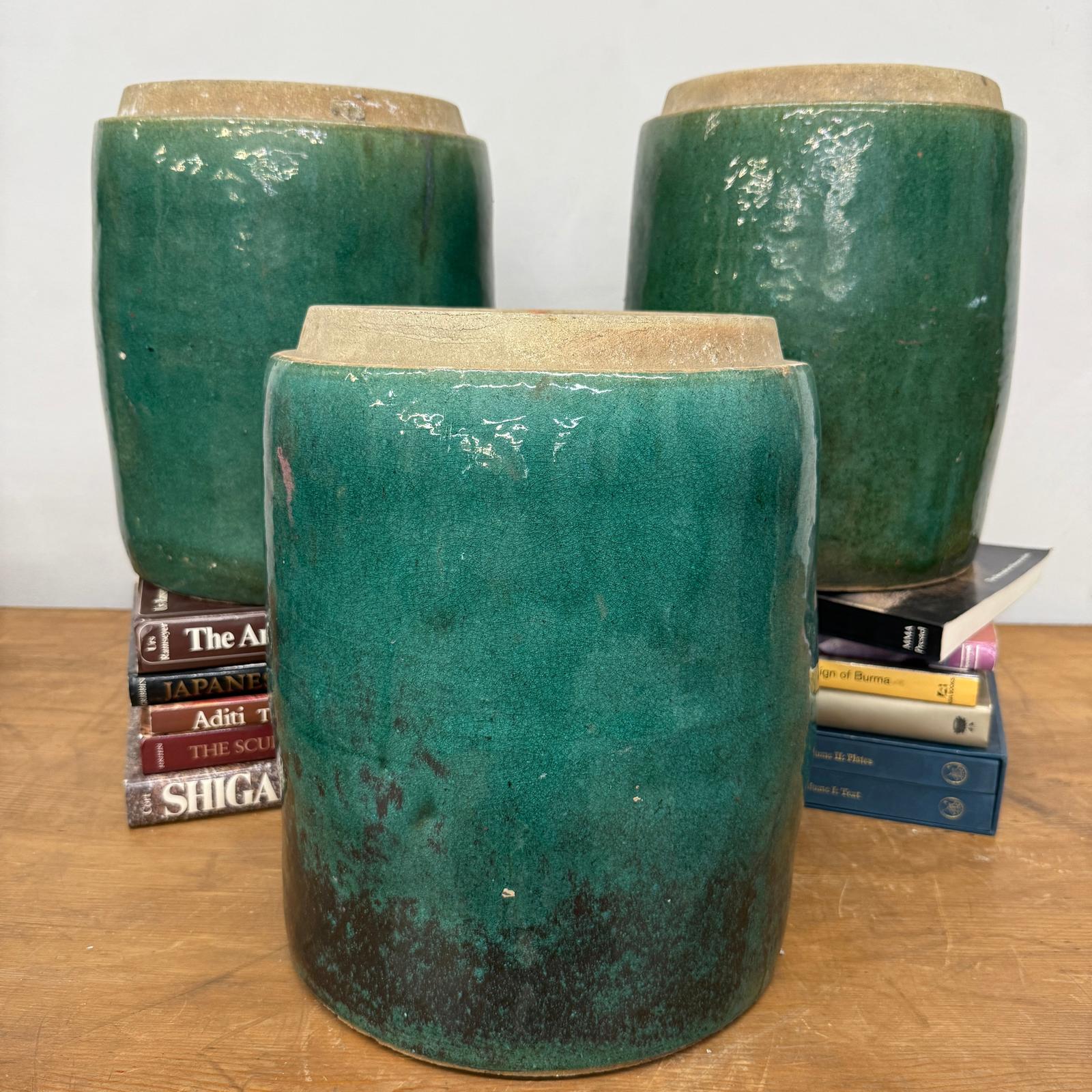 Set of Round Green Glazed Storage Jars with Markings - FEA Home