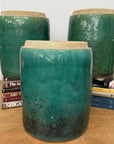 Set of Round Green Glazed Storage Jars with Markings - FEA Home