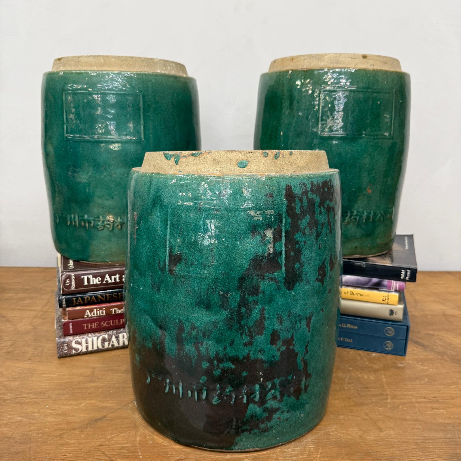 Set of Round Green Glazed Storage Jars with Markings - FEA Home