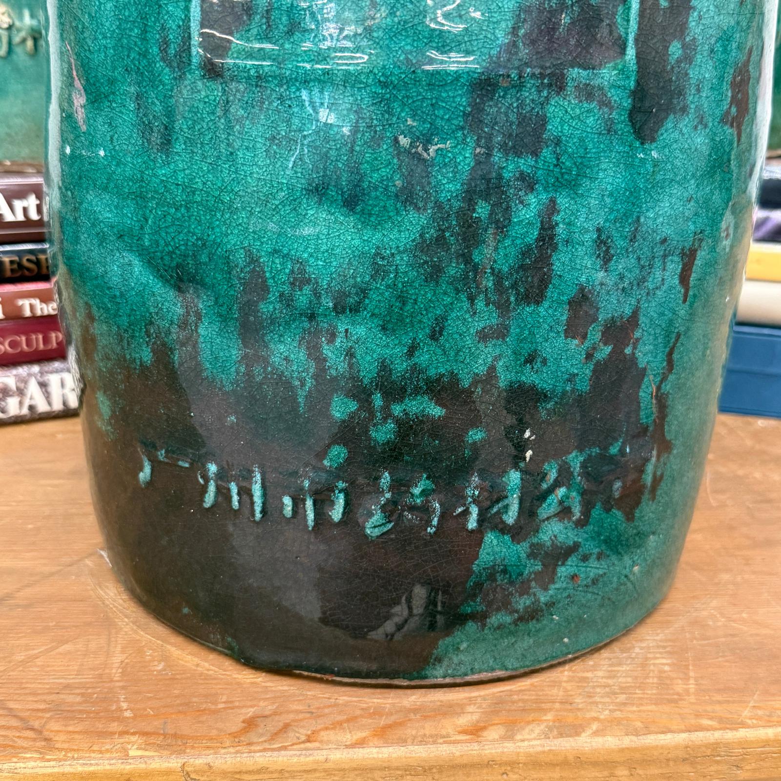 Set of Round Green Glazed Storage Jars with Markings - FEA Home