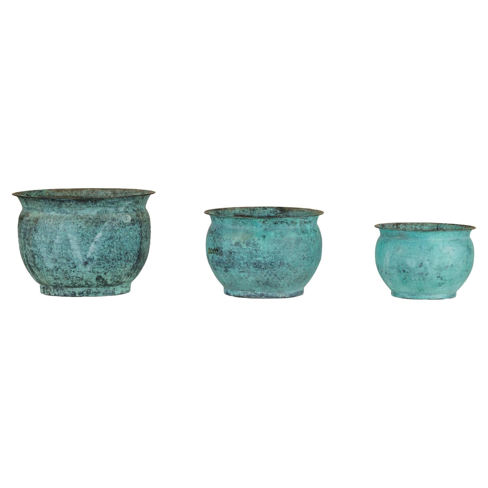 Set of Three Aged Vintage Turquoise Copper Cachepots - image 1