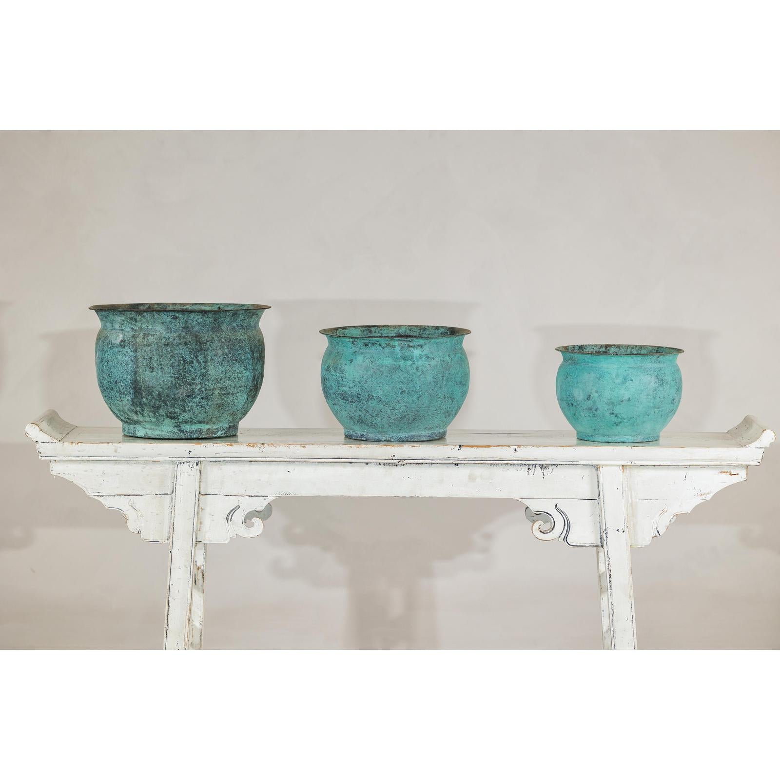 Set of Three Aged Vintage Turquoise Copper Cachepots - image 10
