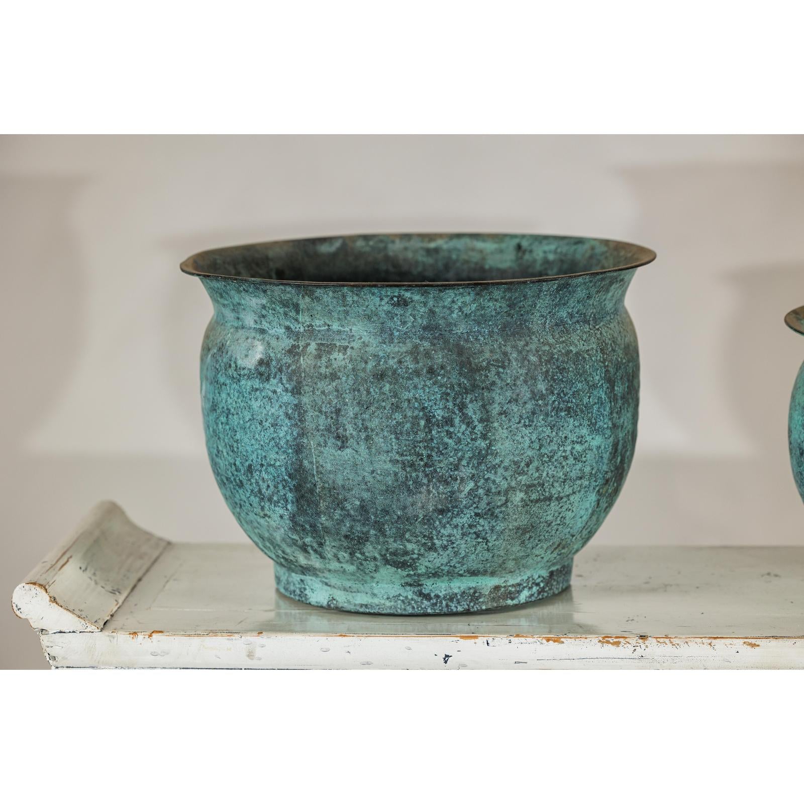 Set of Three Aged Vintage Turquoise Copper Cachepots - image 11