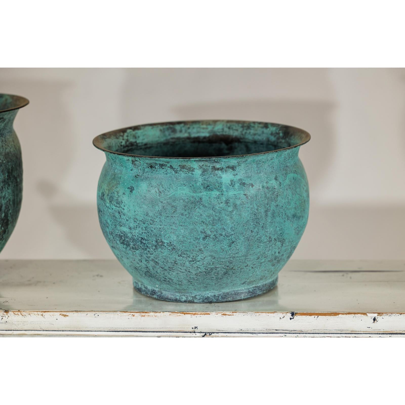 Set of Three Aged Vintage Turquoise Copper Cachepots - image 12